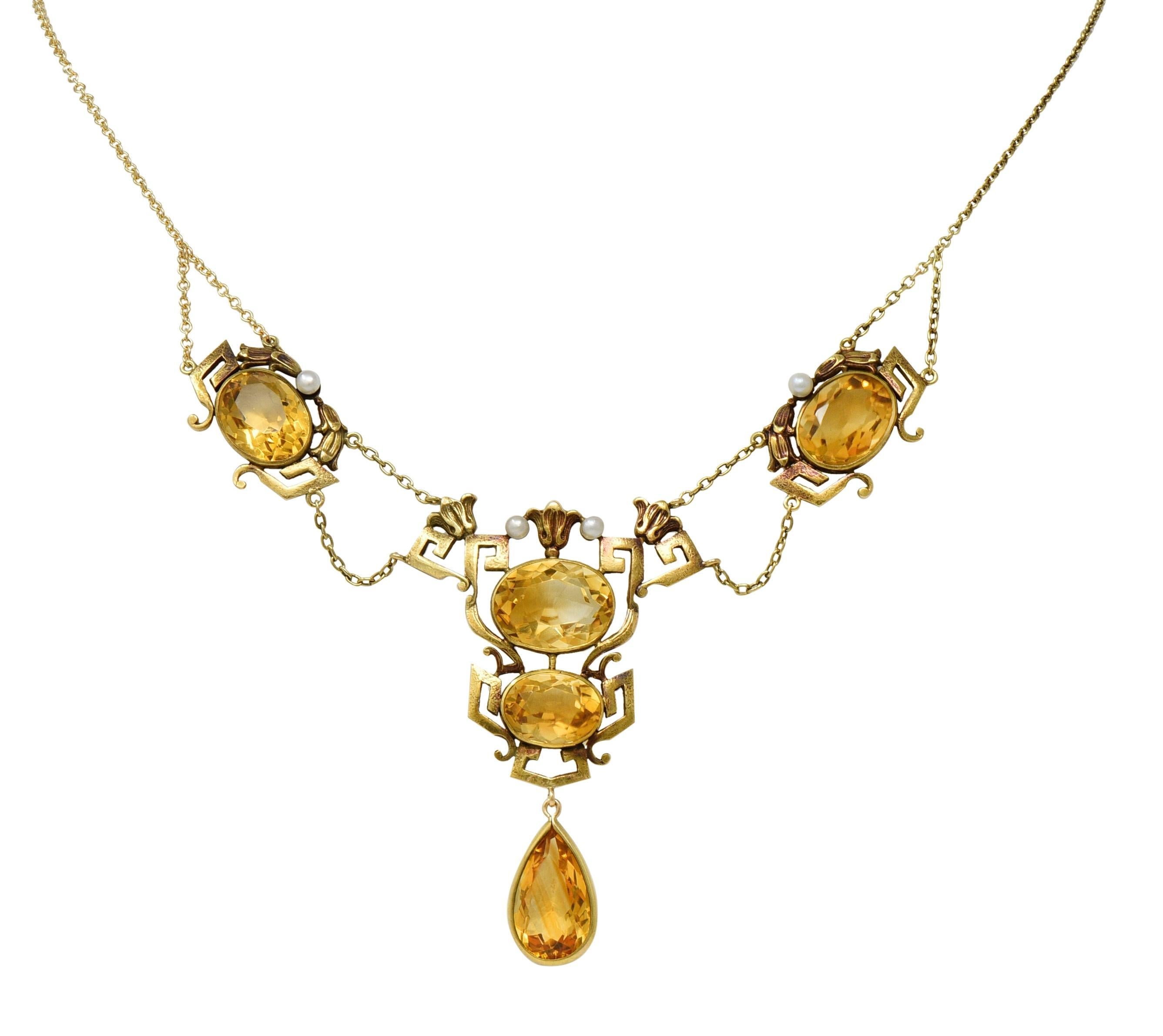 Collana vittoriana con perle citrine in oro 14 carati con chiave greca e loto in vendita 4