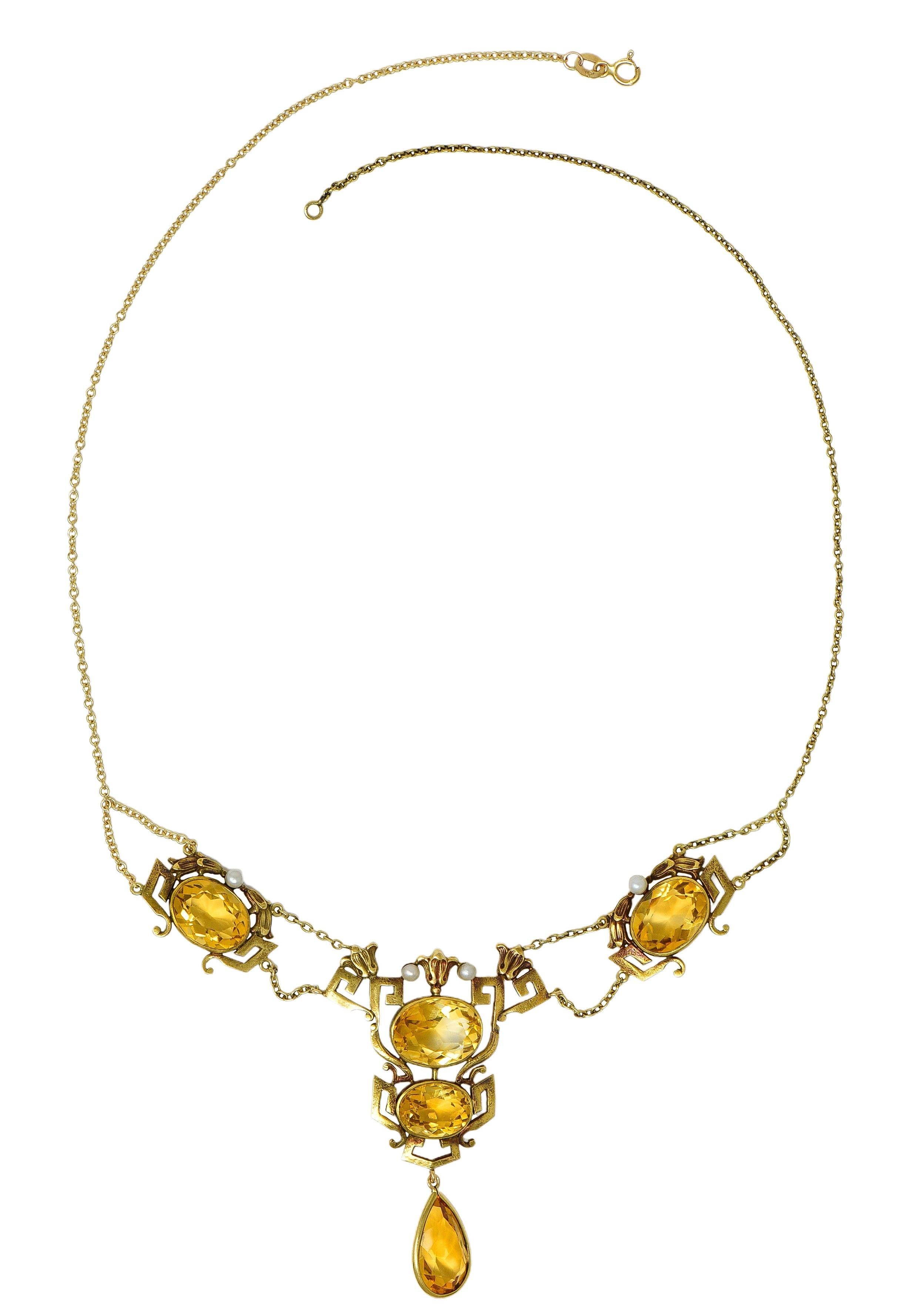 Vittoriano Collana vittoriana con perle citrine in oro 14 carati con chiave greca e loto in vendita