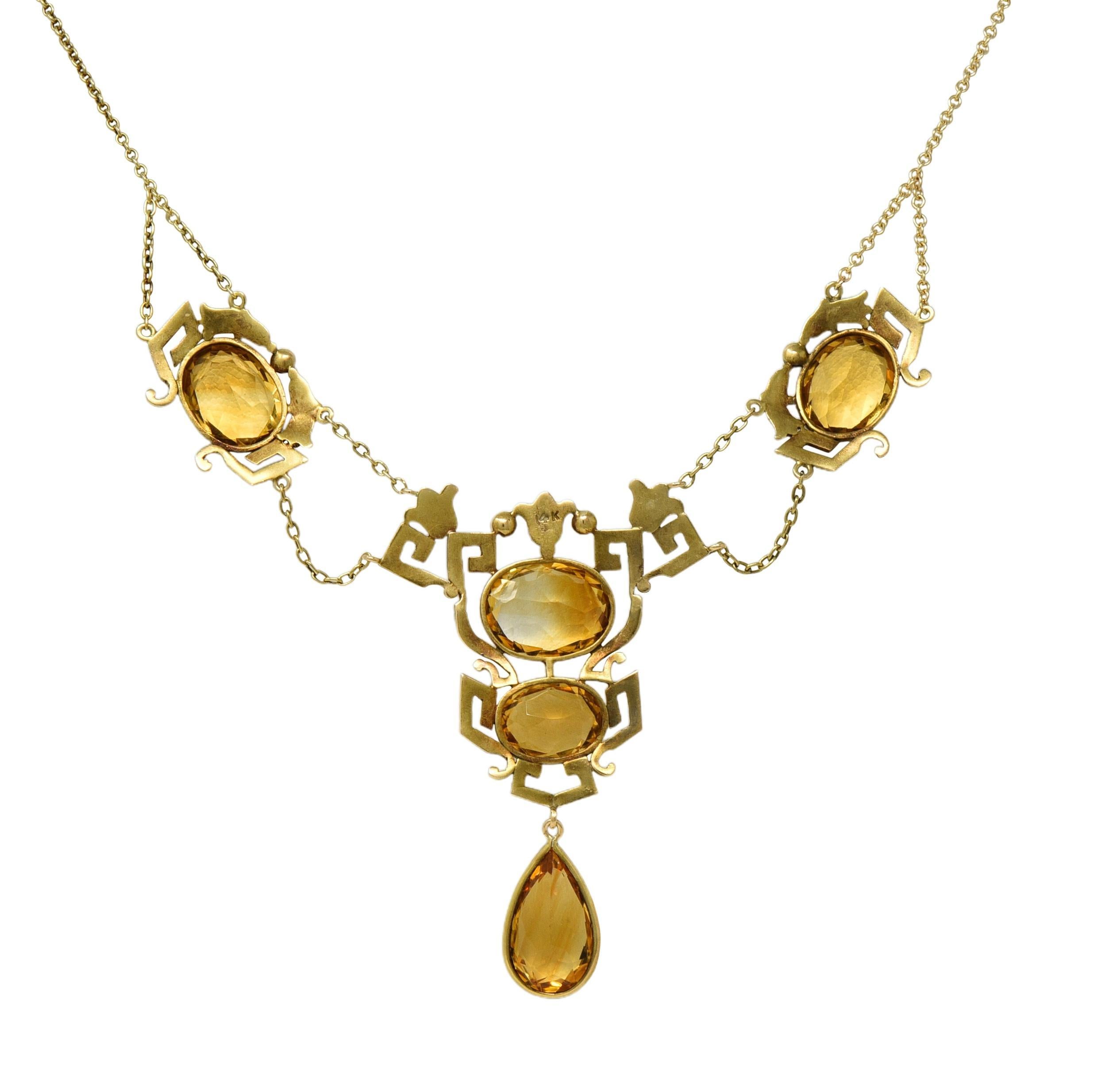 Collana vittoriana con perle citrine in oro 14 carati con chiave greca e loto In condizioni ottime in vendita a Philadelphia, PA