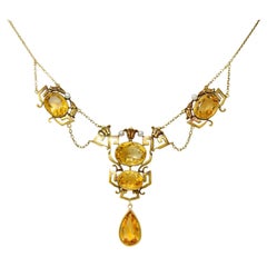 Collana vittoriana con perle citrine in oro 14 carati con chiave greca e loto