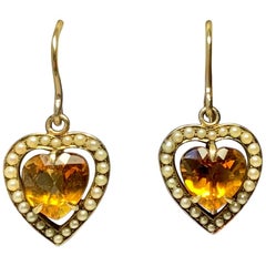 Victorian Citrine Pearl Heart Earrings 14 Karat Gold Gorgeous Antique