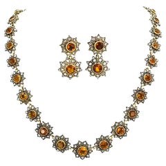 Victorian Citrine Rose Cut Diamond Earring Necklace Set