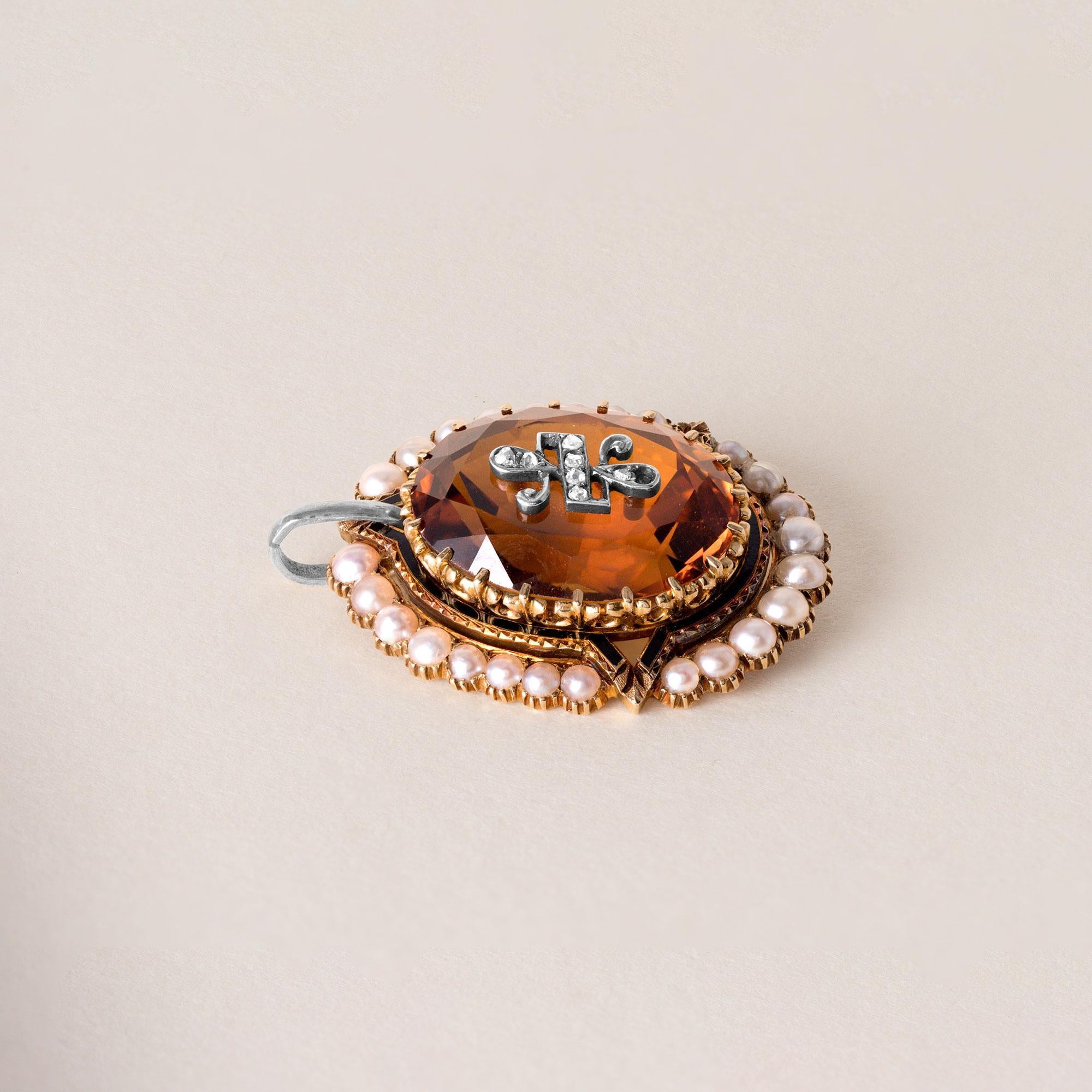 Viktorianischer Anhänger aus Citrin, Saatperle und Diamant im Rosenschliff 14K Gelbgold (Ovalschliff) im Angebot