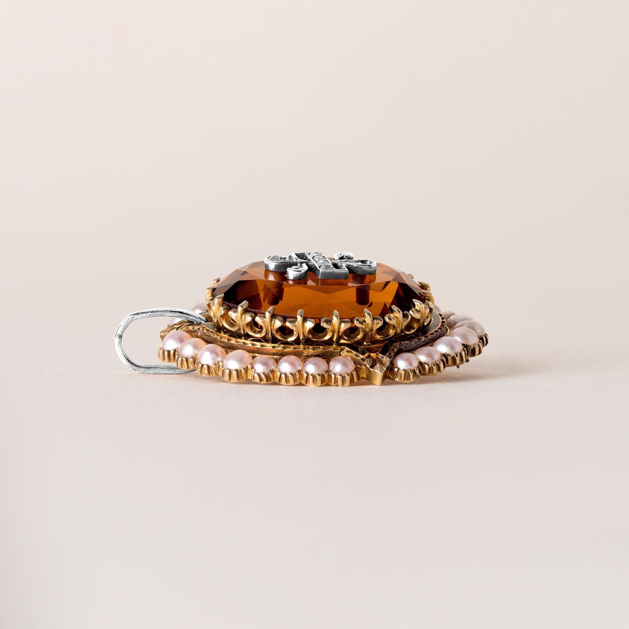 Viktorianischer Anhänger aus Citrin, Saatperle und Diamant im Rosenschliff 14K Gelbgold im Zustand „Gut“ im Angebot in Los Angeles, CA