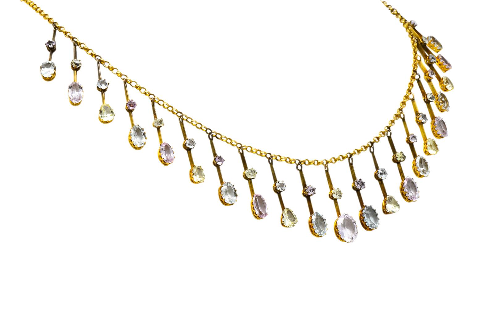 Oval Cut Victorian Citrine Topaz Tourmaline Multi-Gemstone 14 Karat Gold Fringe Necklace