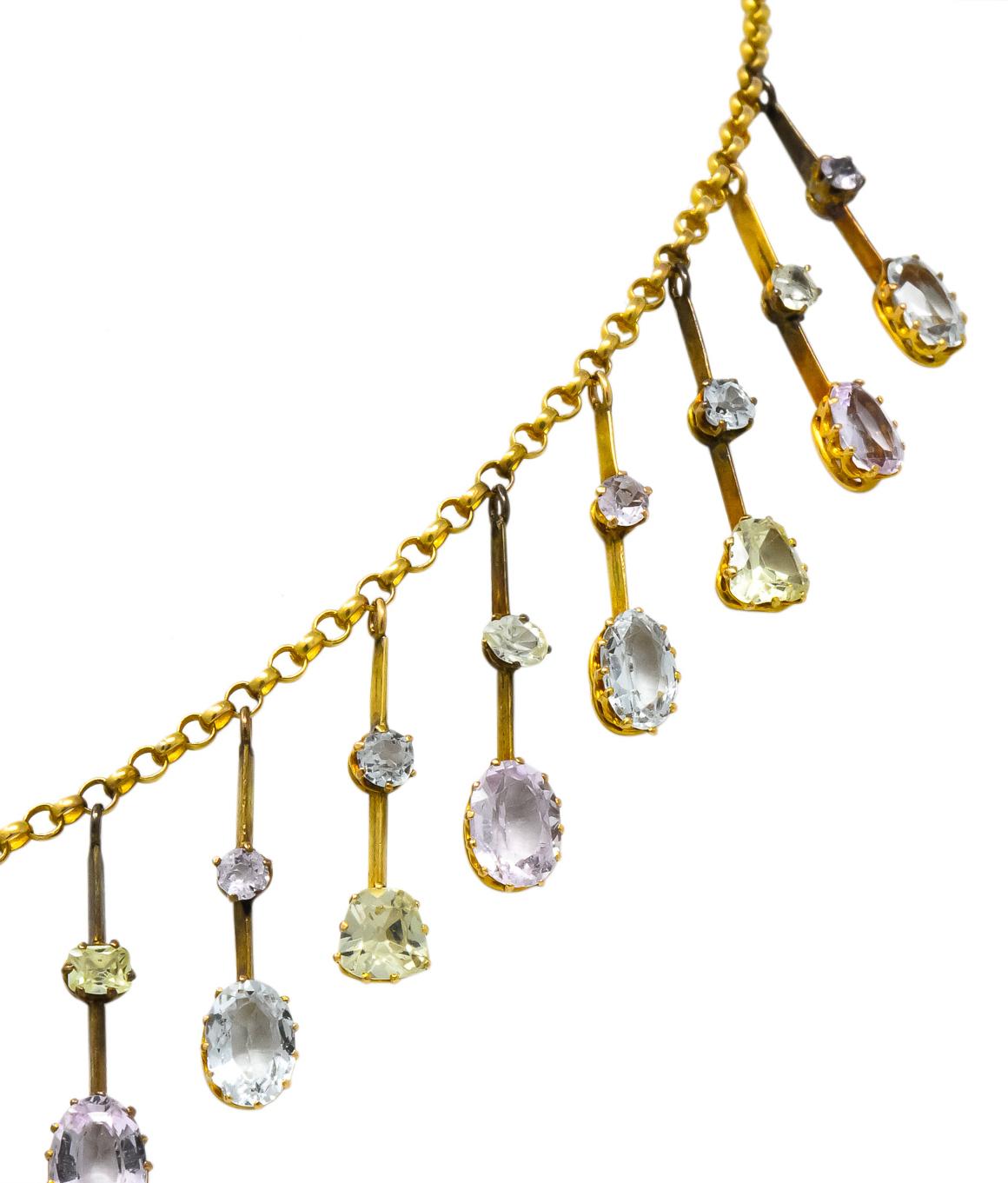 Women's or Men's Victorian Citrine Topaz Tourmaline Multi-Gemstone 14 Karat Gold Fringe Necklace