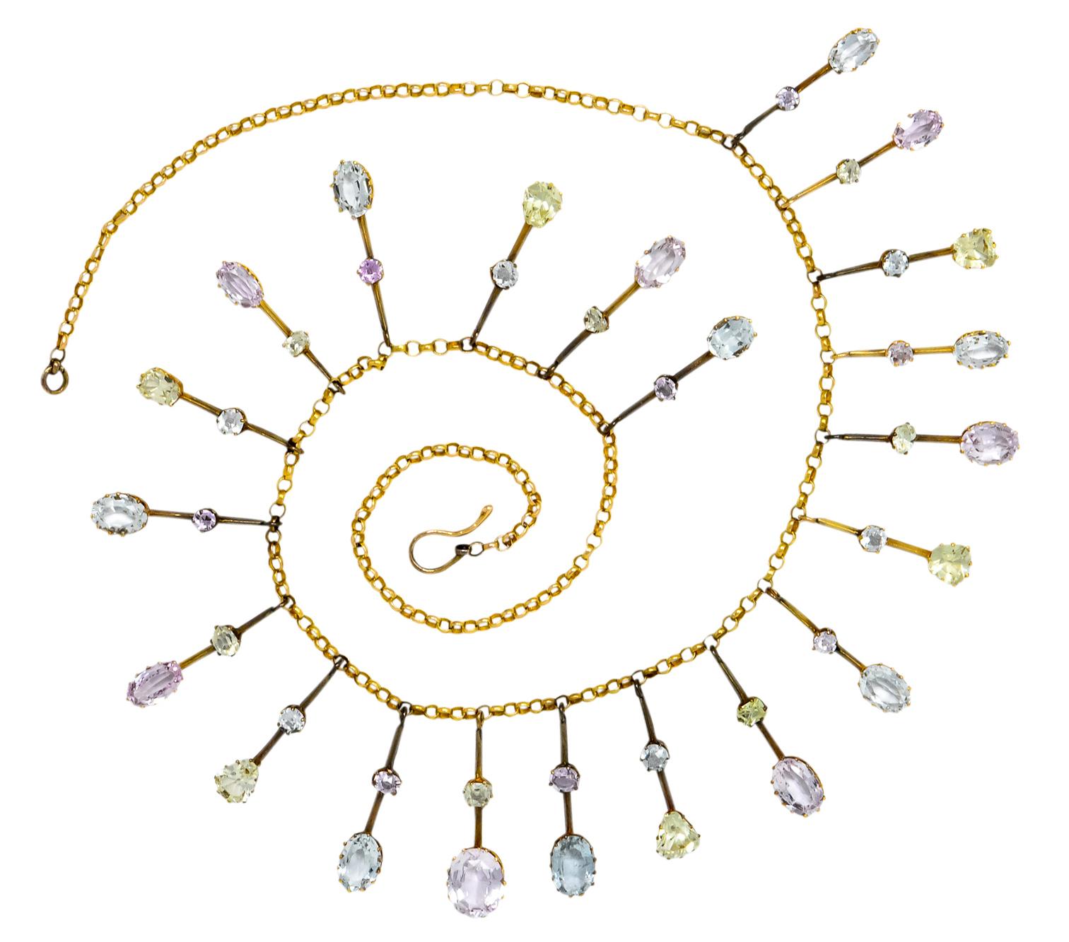 Victorian Citrine Topaz Tourmaline Multi-Gemstone 14 Karat Gold Fringe Necklace 3
