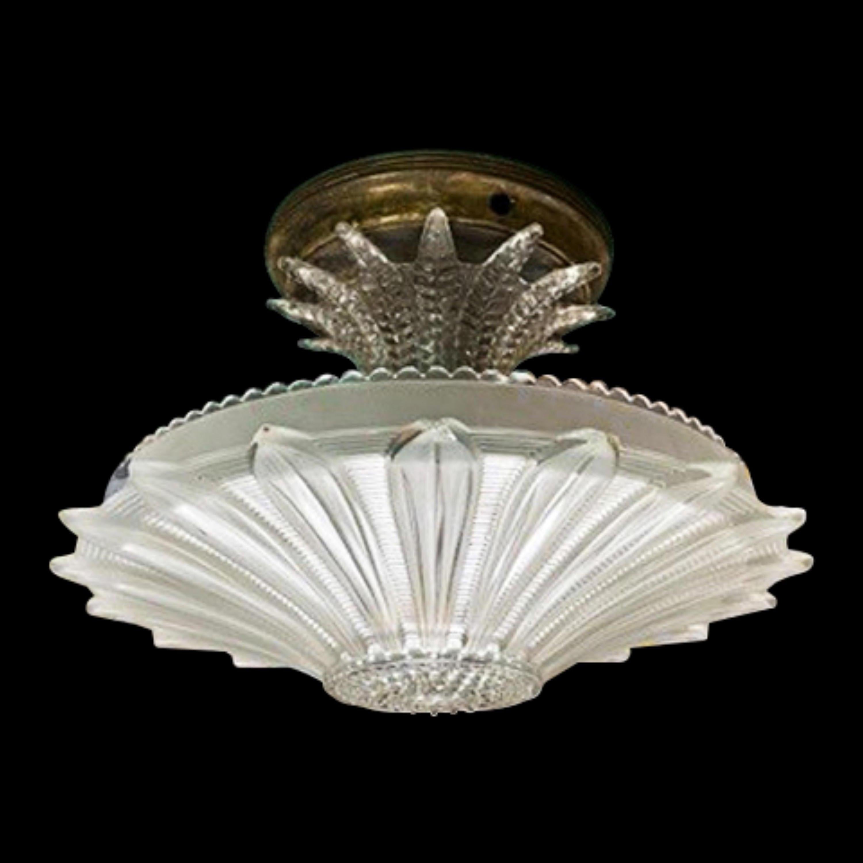 Early 20th century Victorian style semi flush cast clear and frosted glass dish light. Features floral leaf details. Five sockets for plenty of light. Cleaned and restored. One minor chip in the glass. Please see images. The price includes