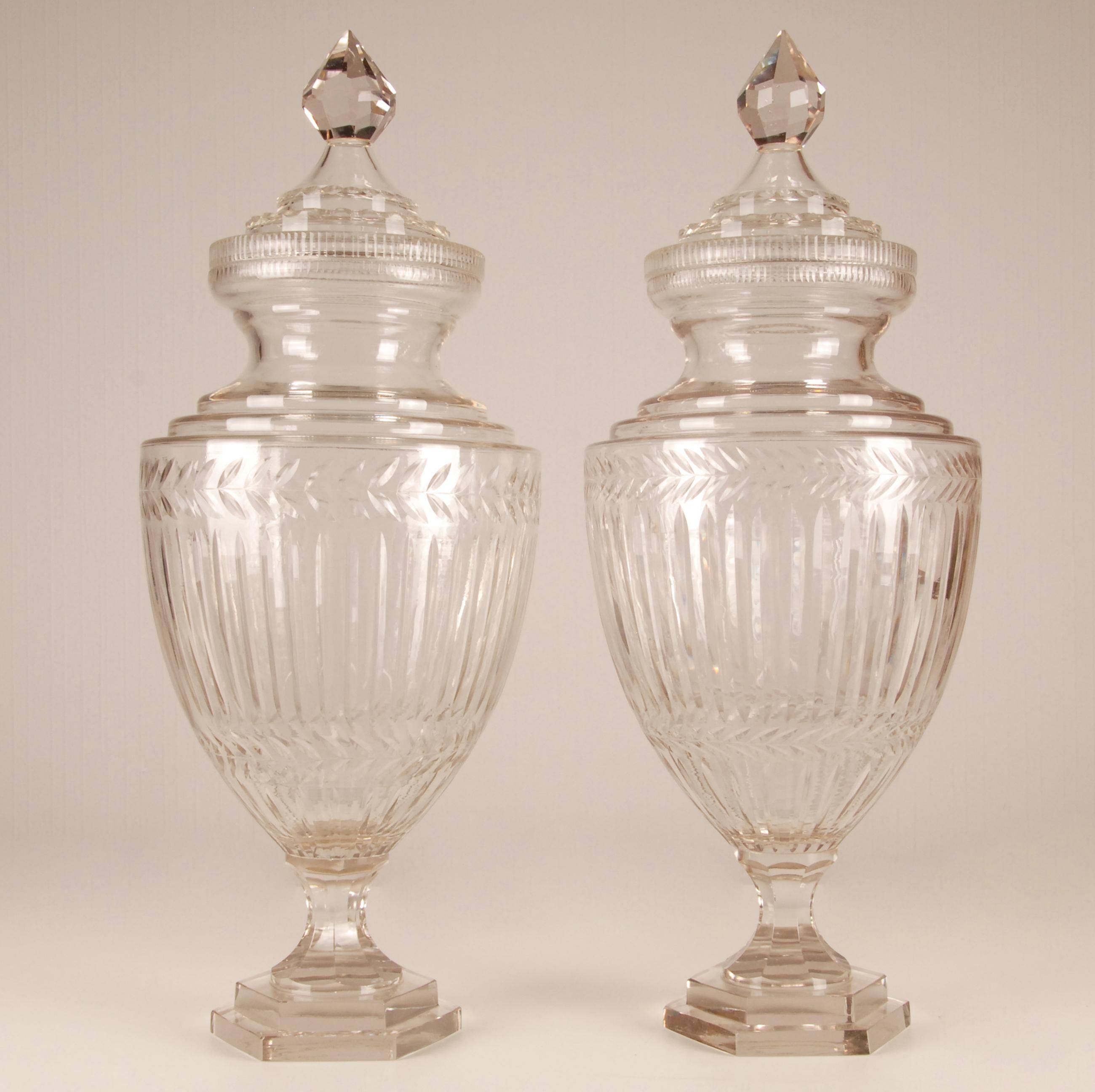 Victorian Tall Clear Glass Covered Urns Cut Crystal Neoclassical Vases a pair For Sale 4