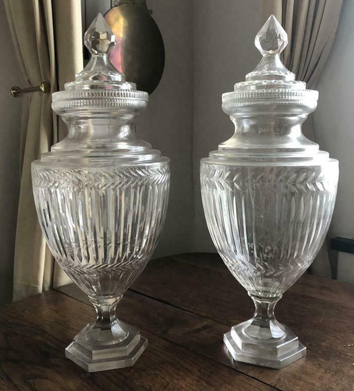 Victorian Tall Clear Glass Covered Urns Cut Crystal Neoclassical Vases a pair For Sale 5