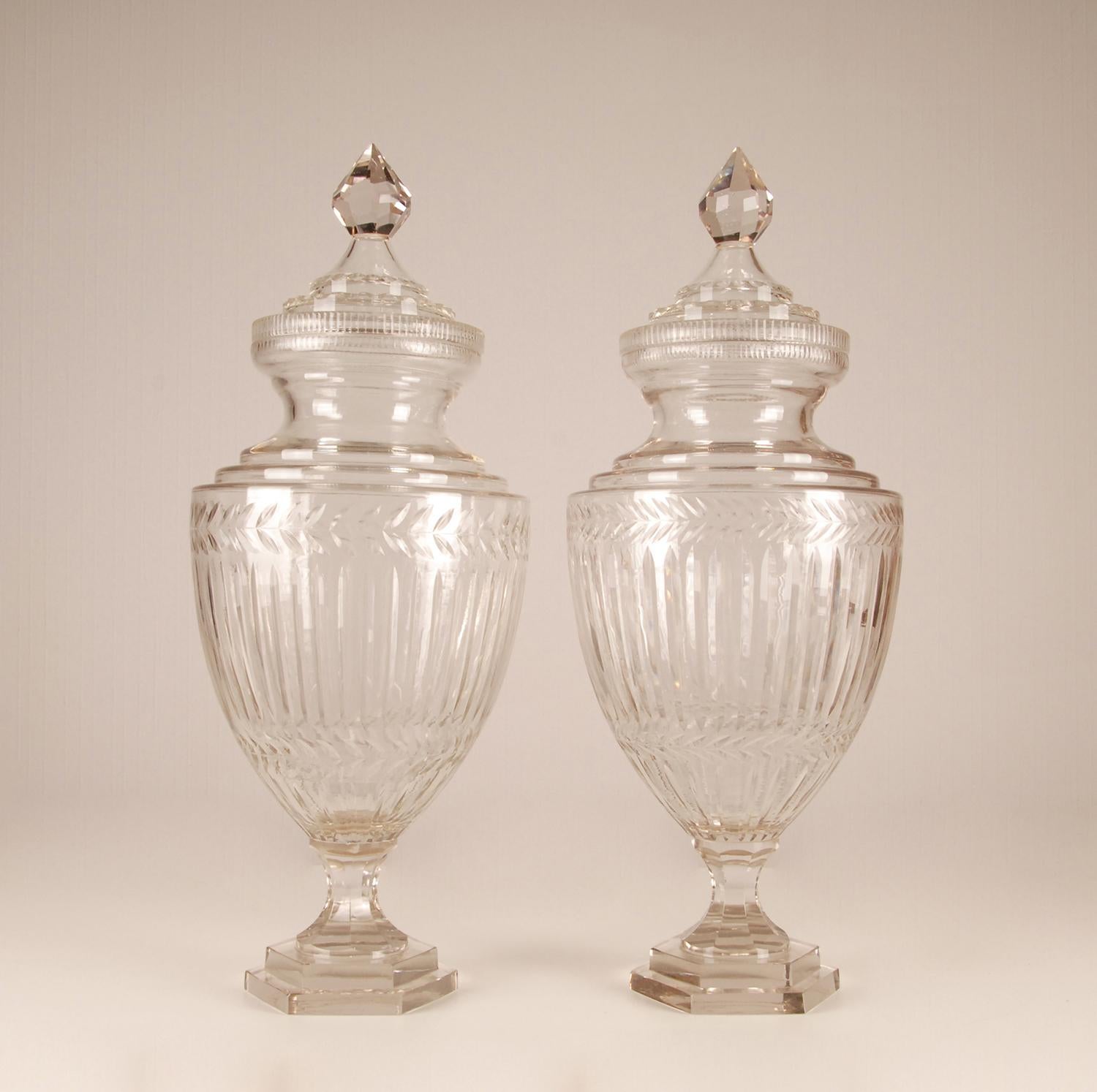 Engraved Victorian Tall Clear Glass Covered Urns Cut Crystal Neoclassical Vases a pair For Sale
