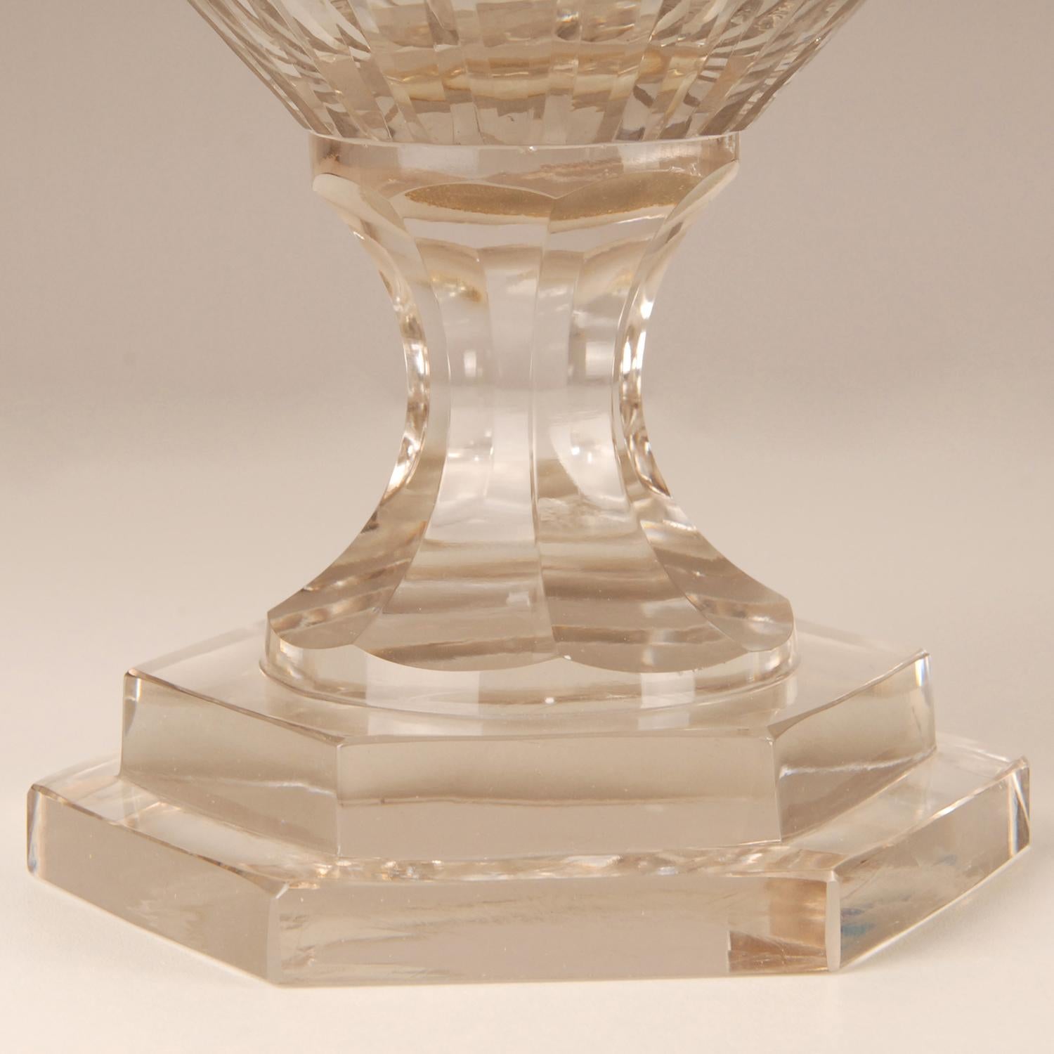 Cut Glass Victorian Tall Clear Glass Covered Urns Cut Crystal Neoclassical Vases a pair For Sale