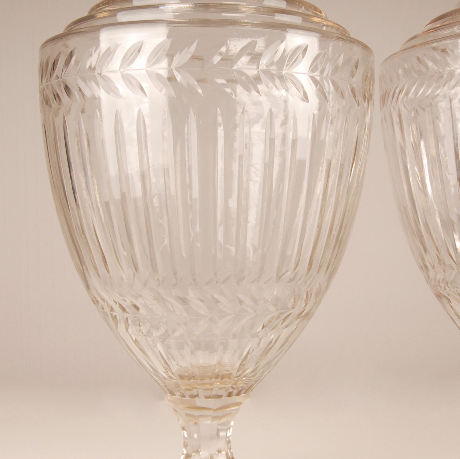Victorian Tall Clear Glass Covered Urns Cut Crystal Neoclassical Vases a pair For Sale 1