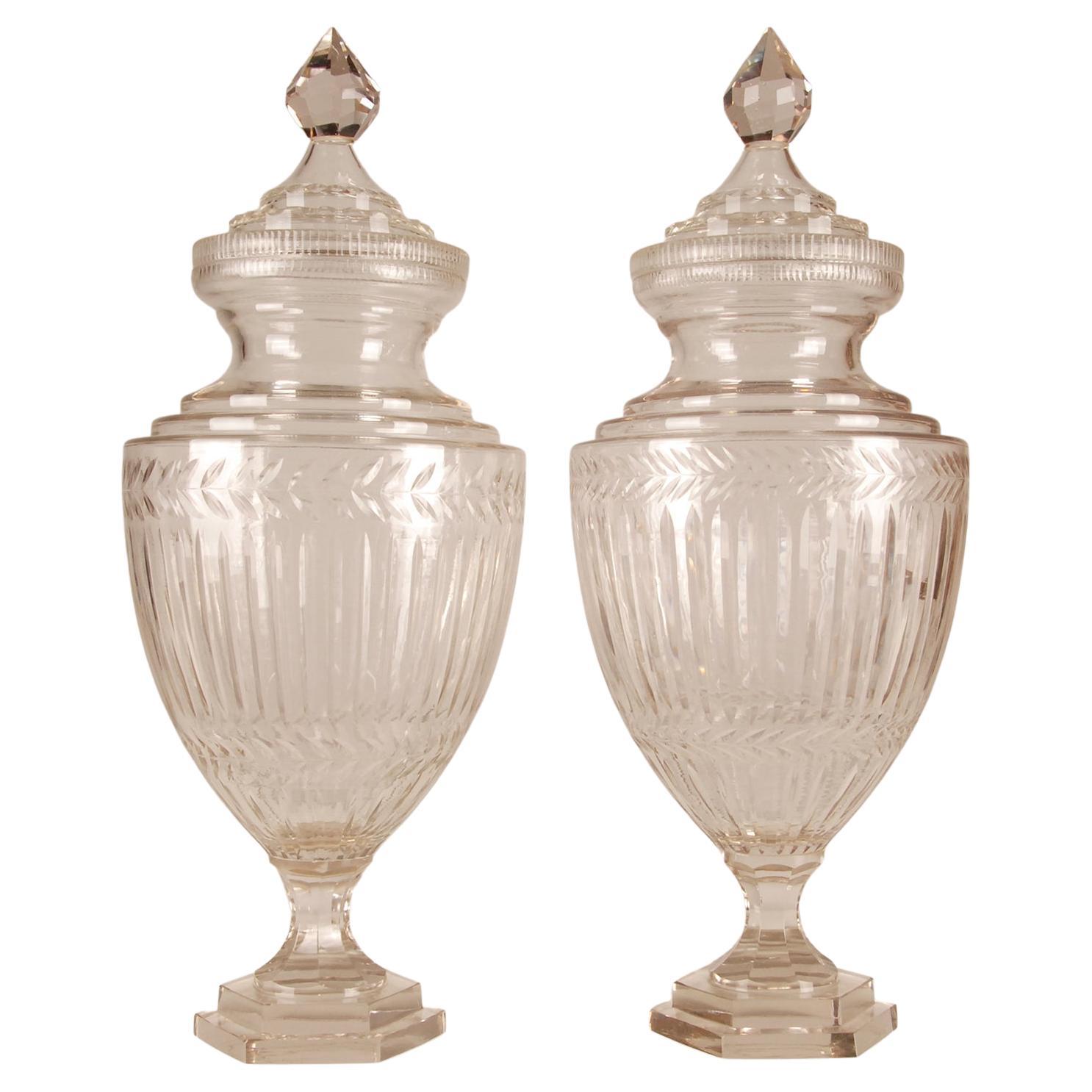 Victorian Tall Clear Glass Covered Urns Cut Crystal Neoclassical Vases a pair For Sale