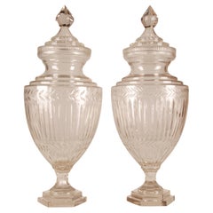 Antique Victorian Tall Clear Glass Covered Urns Cut Crystal Neoclassical Vases a pair