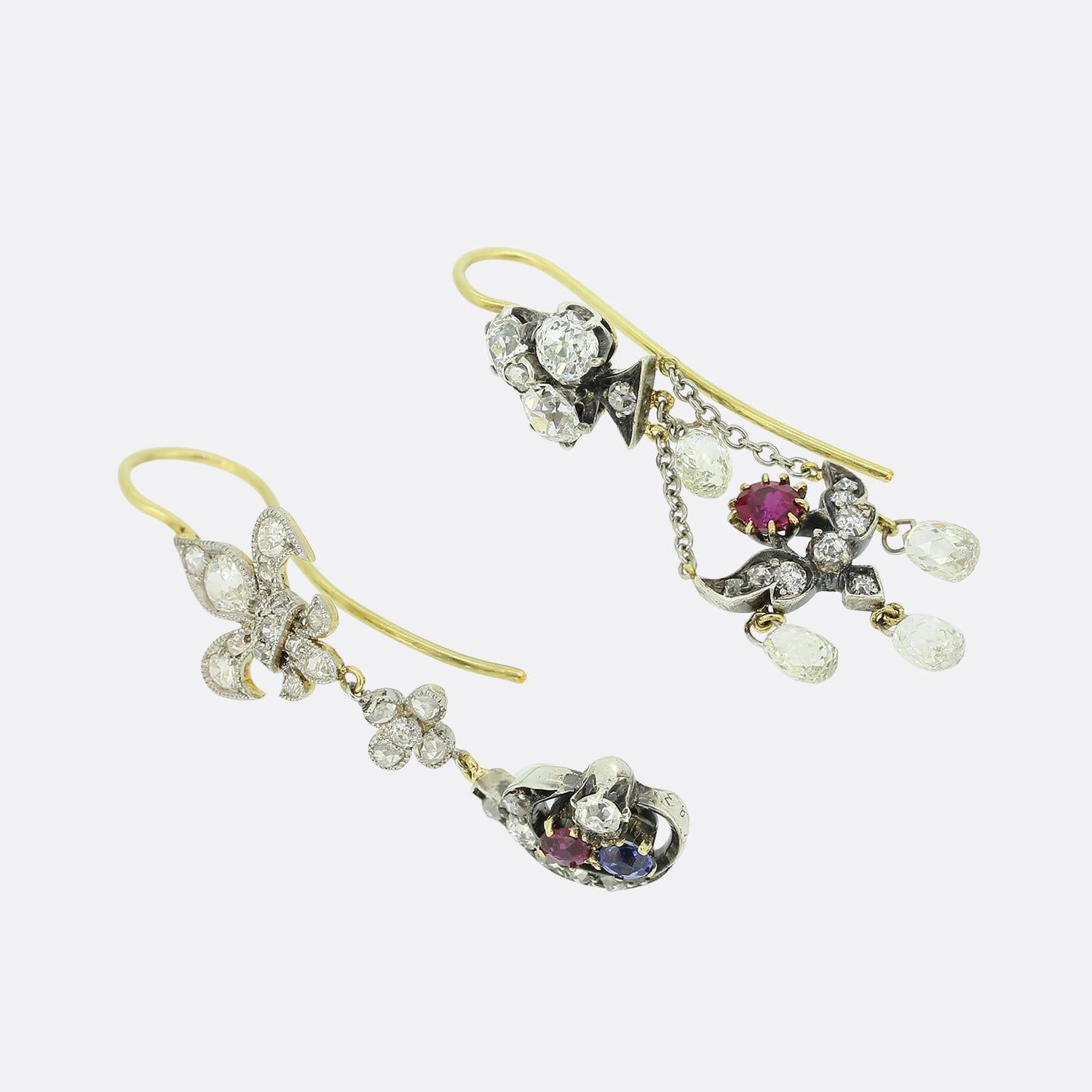 Old European Cut Victorian Clover and Fleur-De-Lis Diamond Drop Earrings For Sale