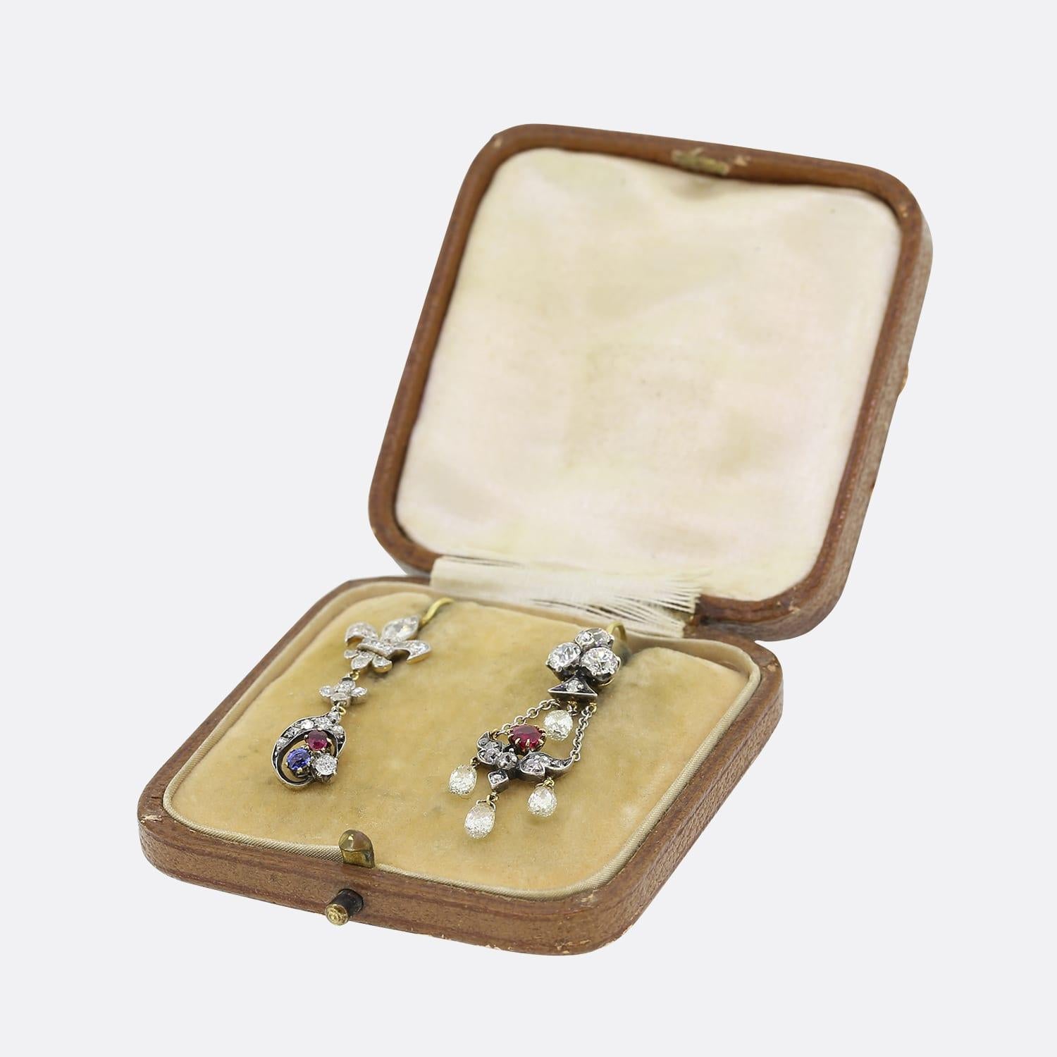 Victorian Clover and Fleur-De-Lis Diamond Drop Earrings In Good Condition For Sale In London, GB