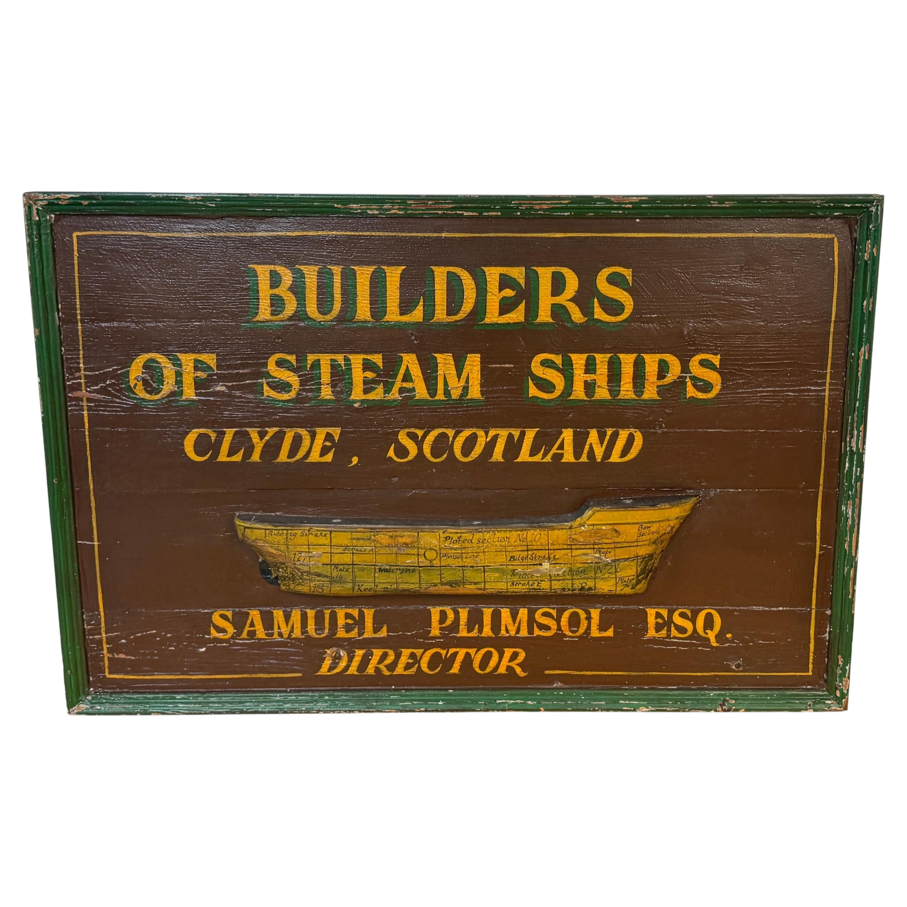 Enseigne victorienne des constructeurs de navires de Clyde avec modèle de coque de navire à vapeur annoté en vente