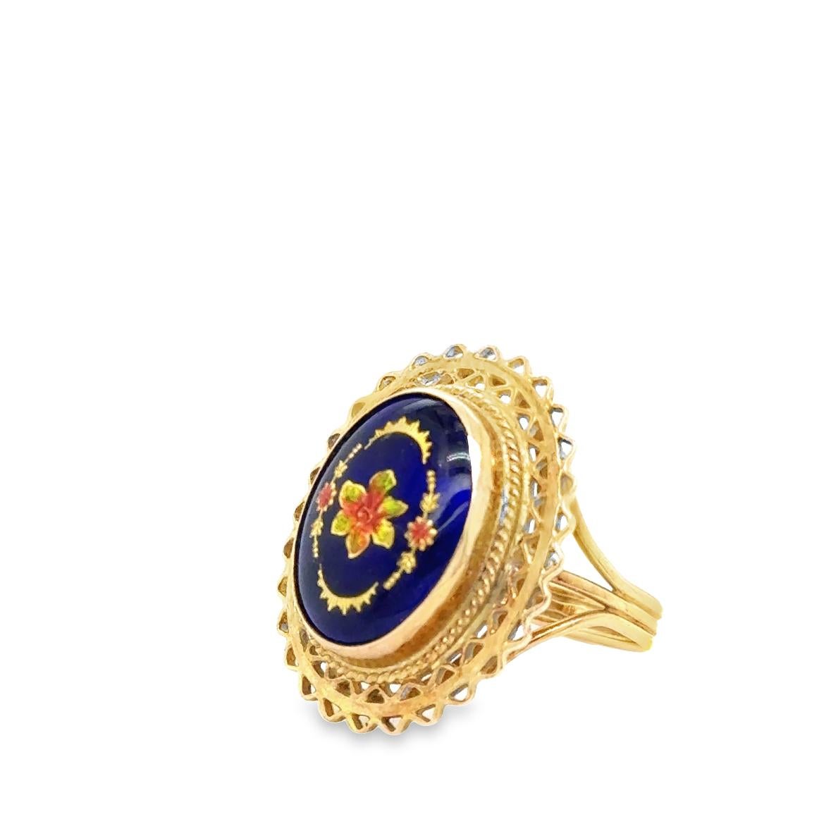Late Victorian Victorian Cobalt Blue Glass Gemstone With Inlaid Golden Floral Top Ring Size 7 For Sale