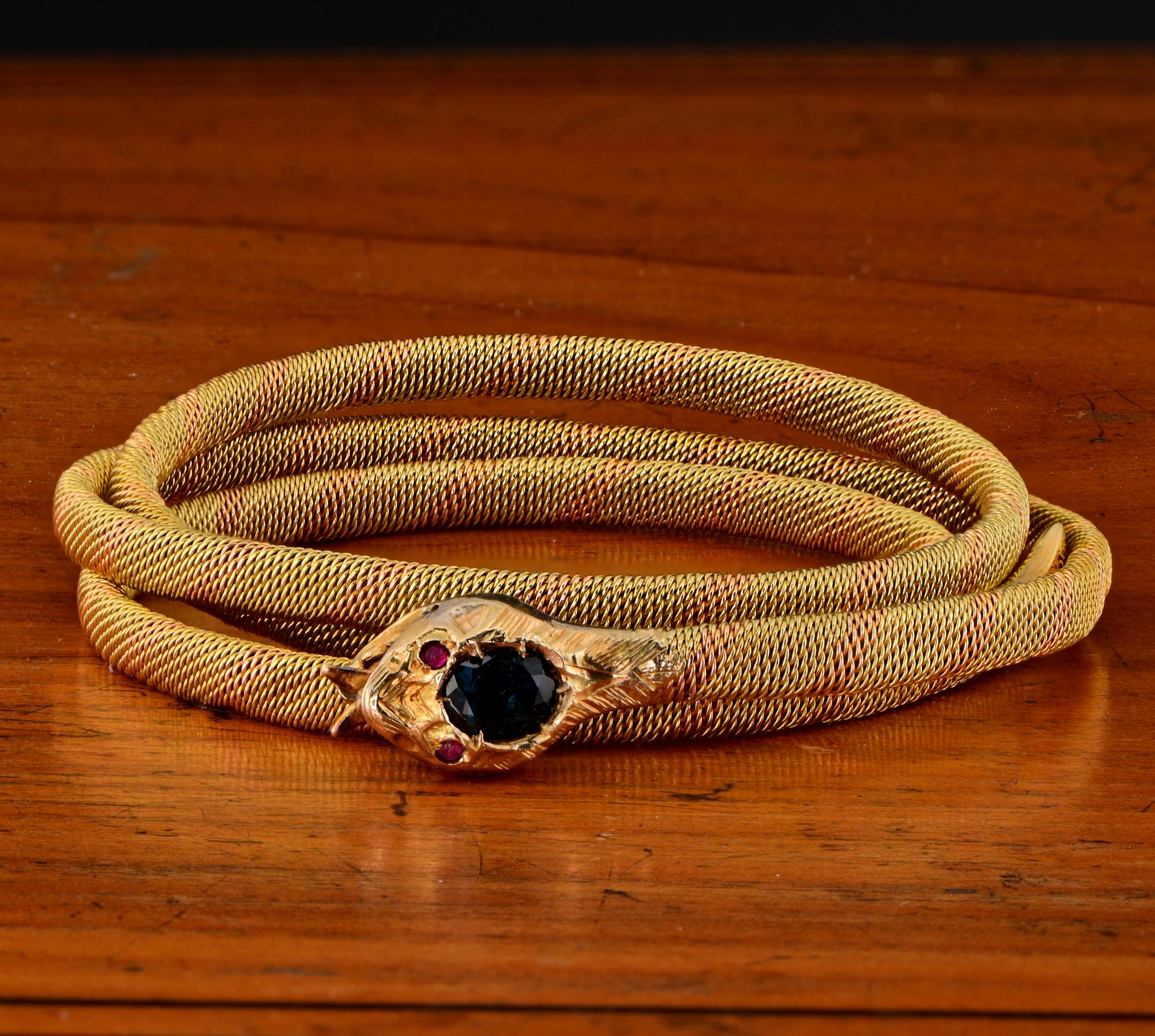 Oval Cut Victorian Coiled Snake Natural Sapphire Ruby 18 Kt Bangle For Sale