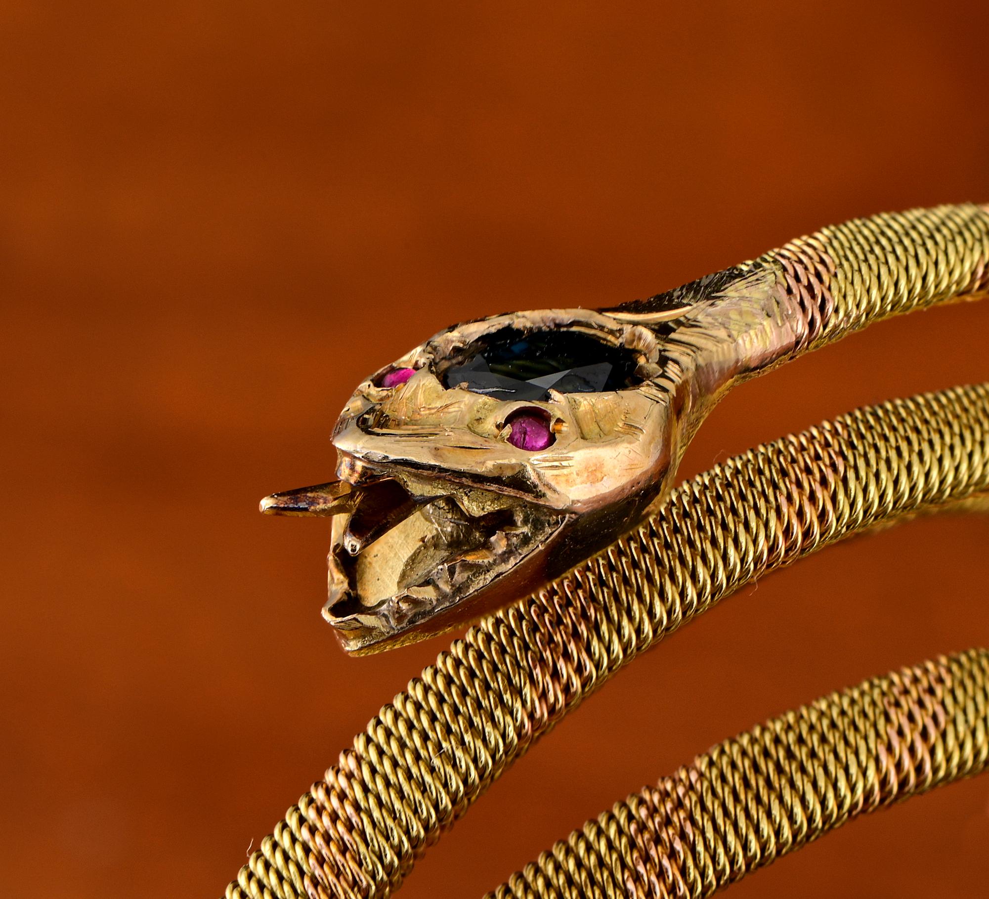 Viktorianische gewundene Schlange Natürlicher Saphir Rubin 18 Kt Armreif im Angebot 2