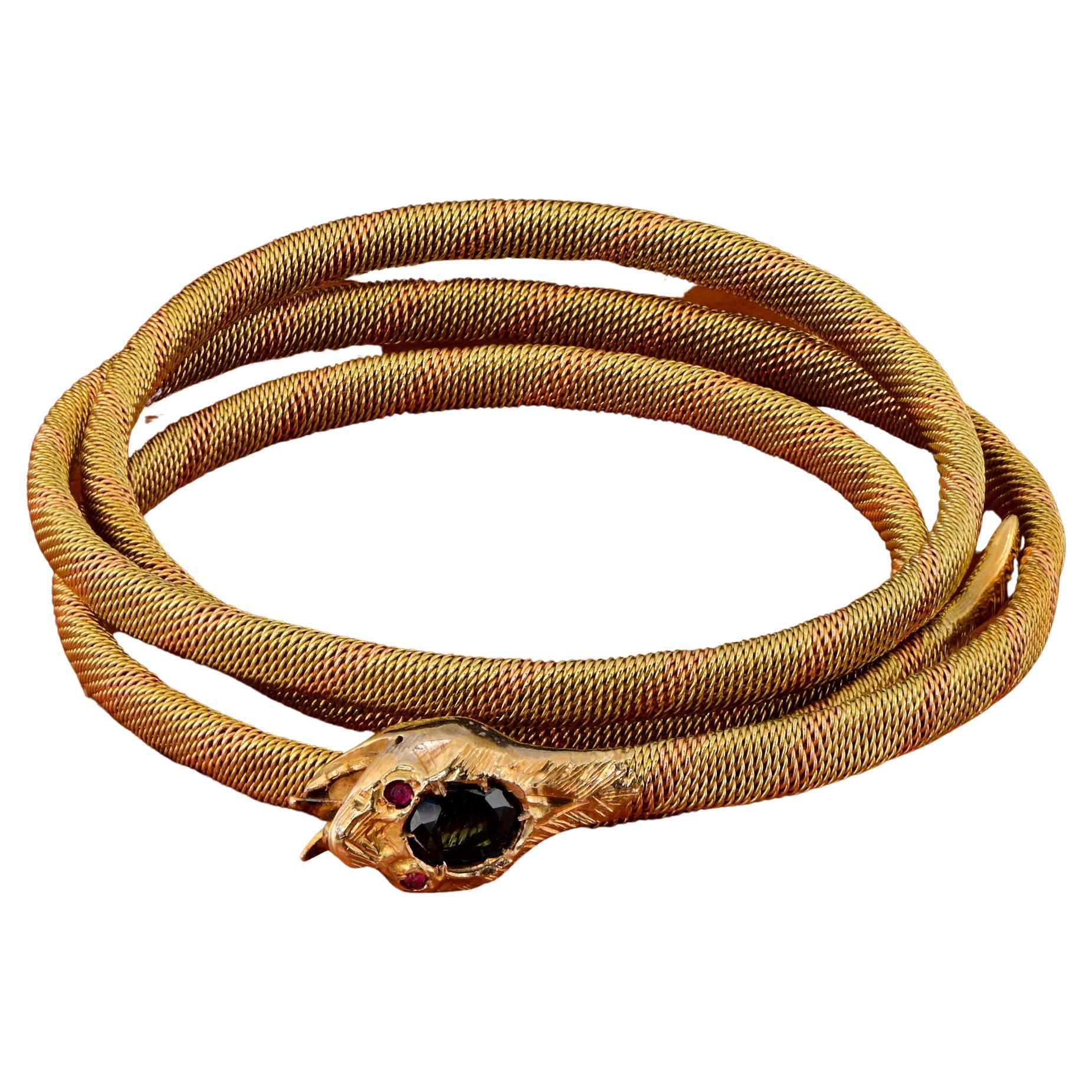 Victorian Coiled Snake Natural Sapphire Ruby 18 Kt Bangle For Sale