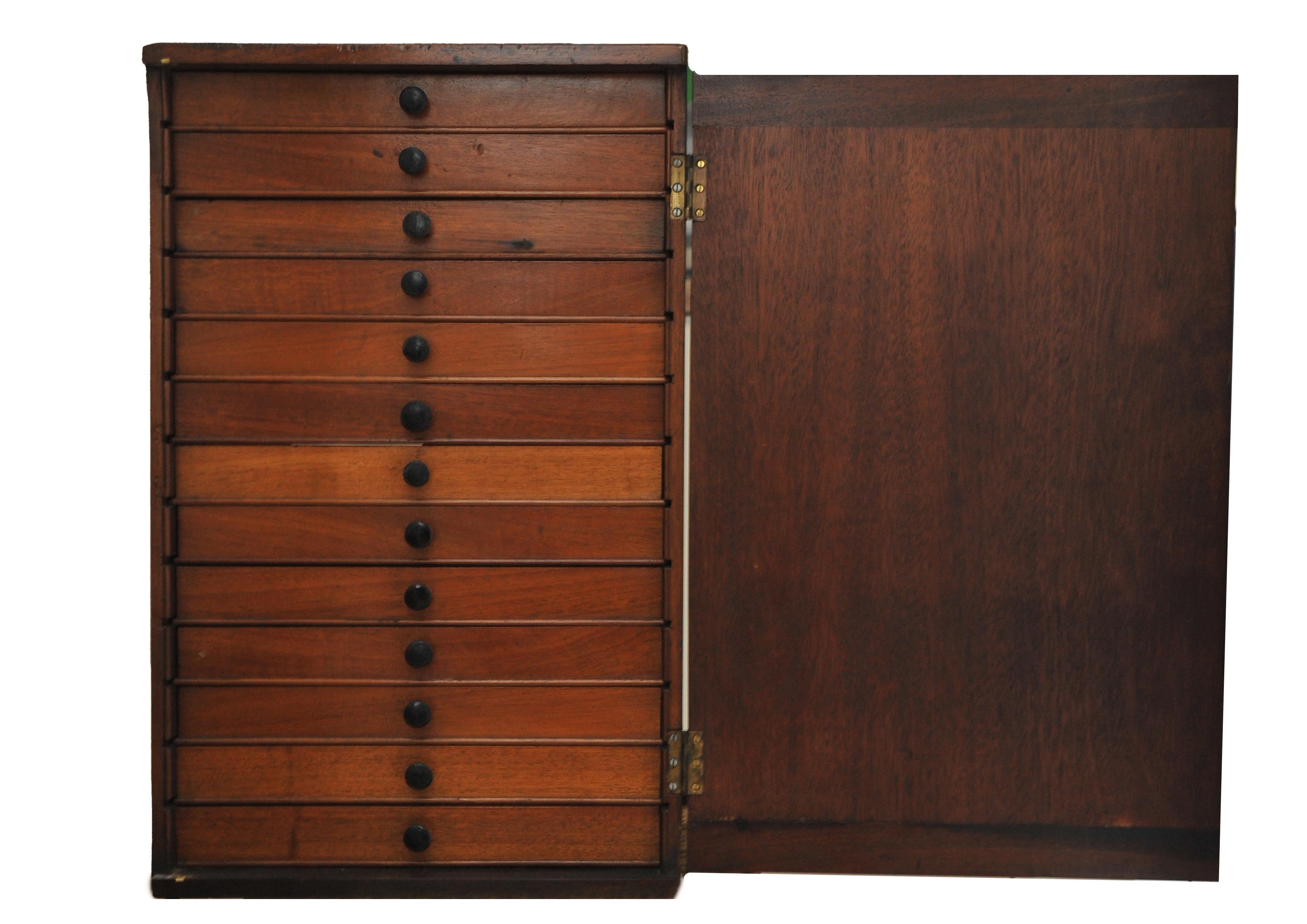 British Victorian Collectors Cabinet With Thirteen Fitted Drawers & Ebonised Handles  For Sale