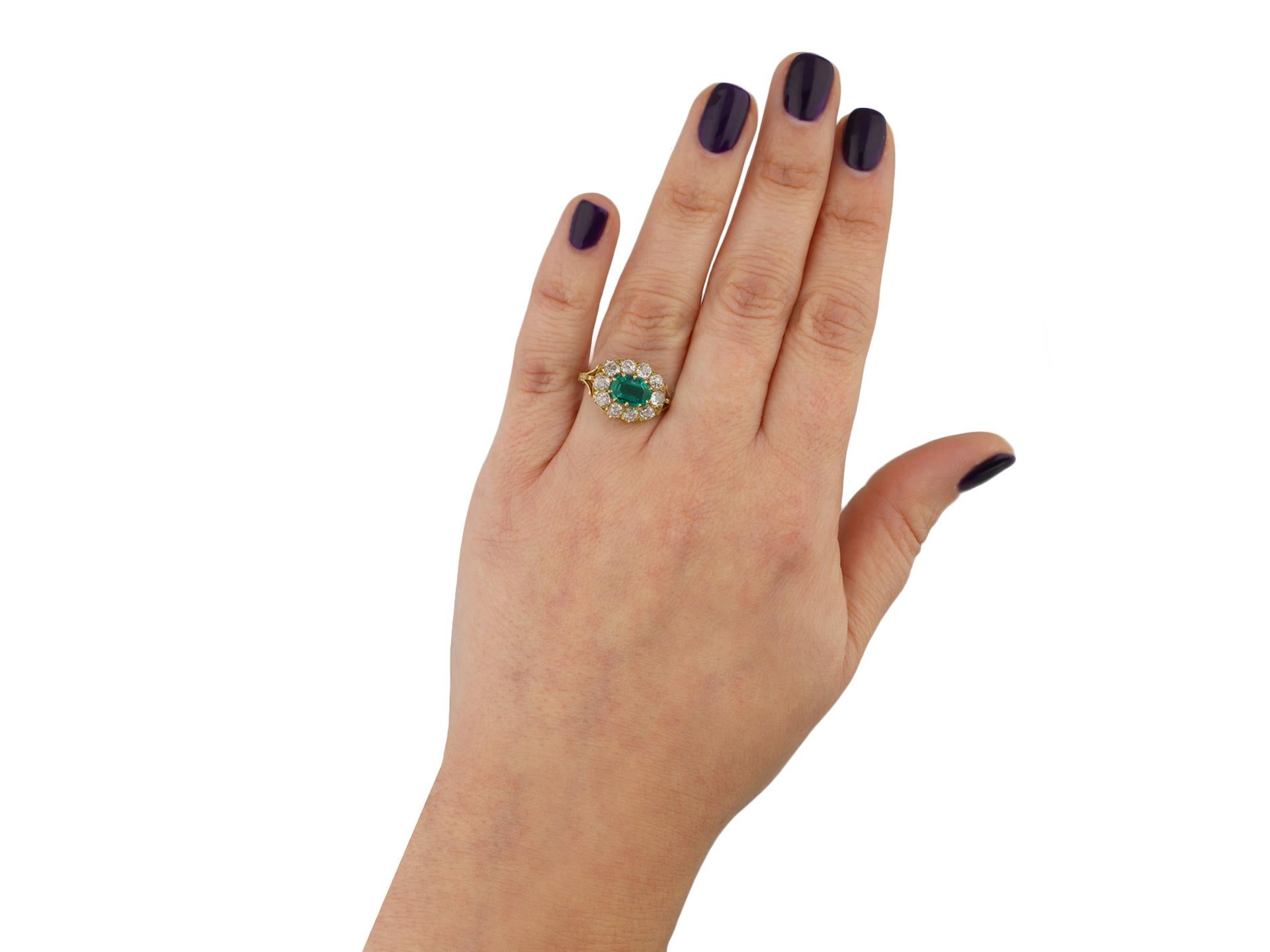 Victorian Colombian Emerald and Diamond Coronet Cluster Ring, circa 1890 In Good Condition In London, GB