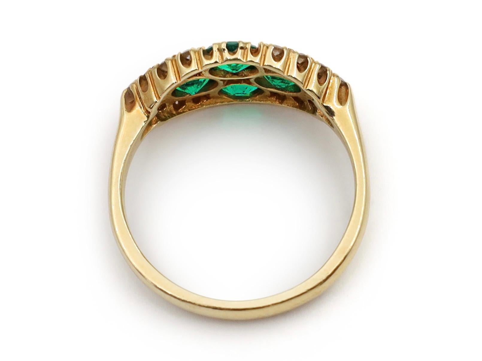 Oval Cut Victorian Colombian Emerald and Diamond Horizontal Marquise Cluster Ring