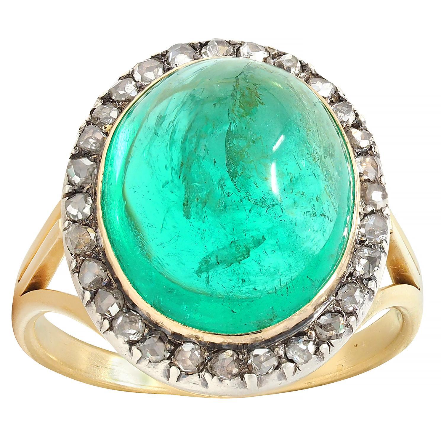Smeraldo colombiano vittoriano Cabochon Diamante Argento Oro 18K Anello aureola antico in vendita 5