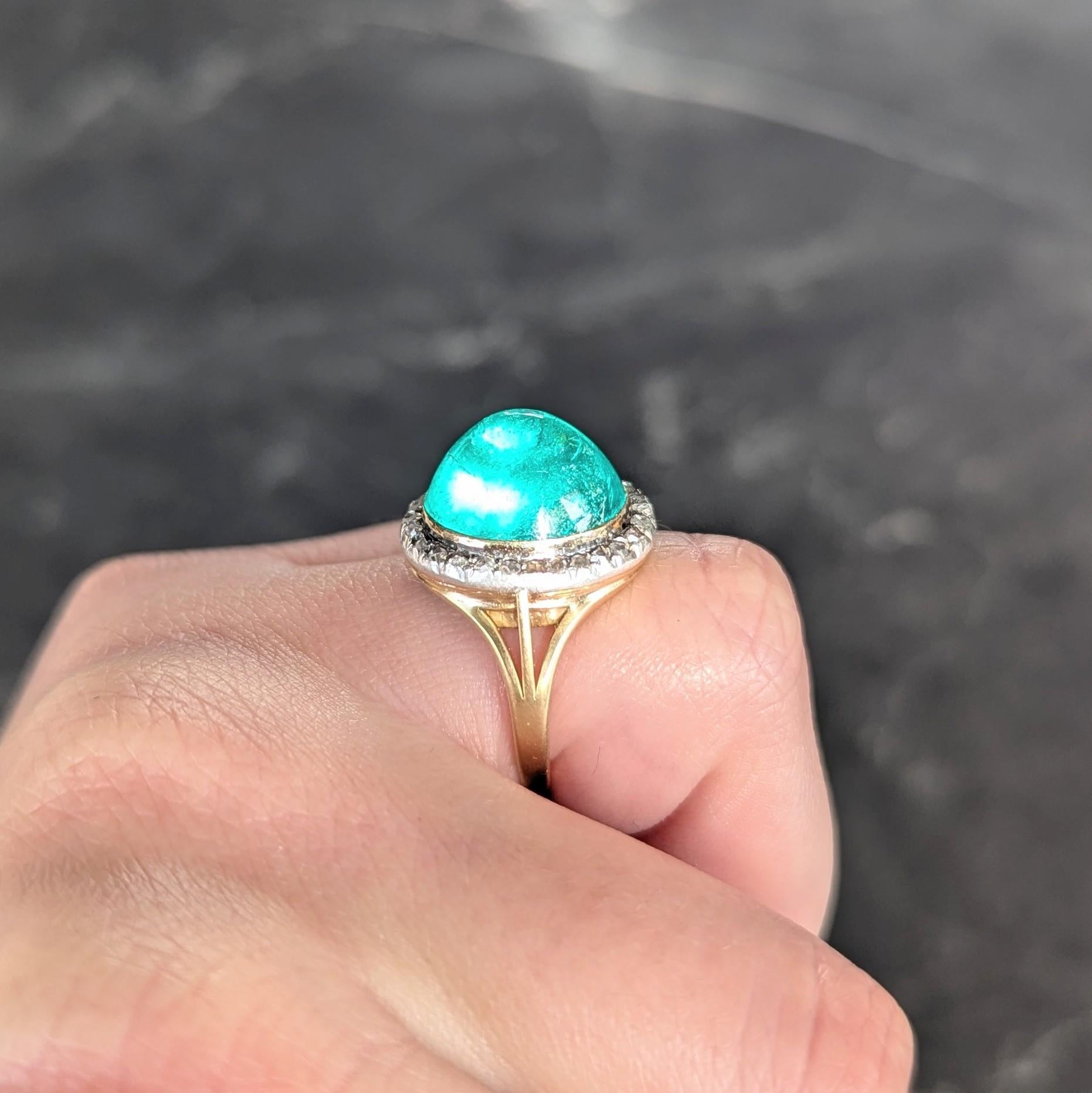Smeraldo colombiano vittoriano Cabochon Diamante Argento Oro 18K Anello aureola antico in vendita 7