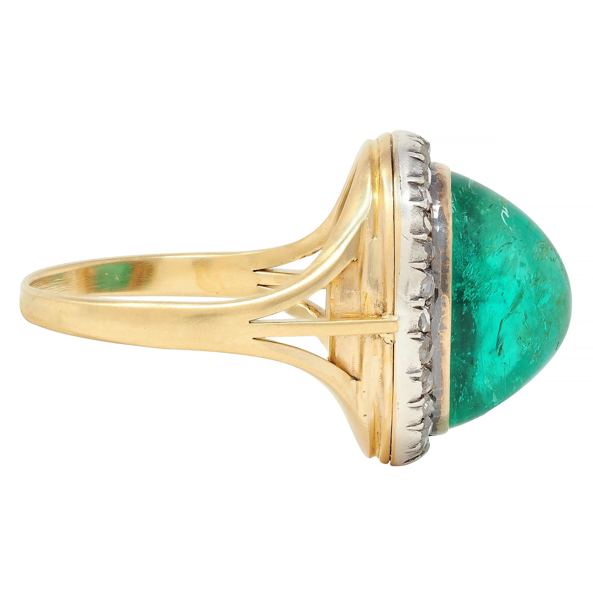 Smeraldo colombiano vittoriano Cabochon Diamante Argento Oro 18K Anello aureola antico In condizioni ottime in vendita a Philadelphia, PA