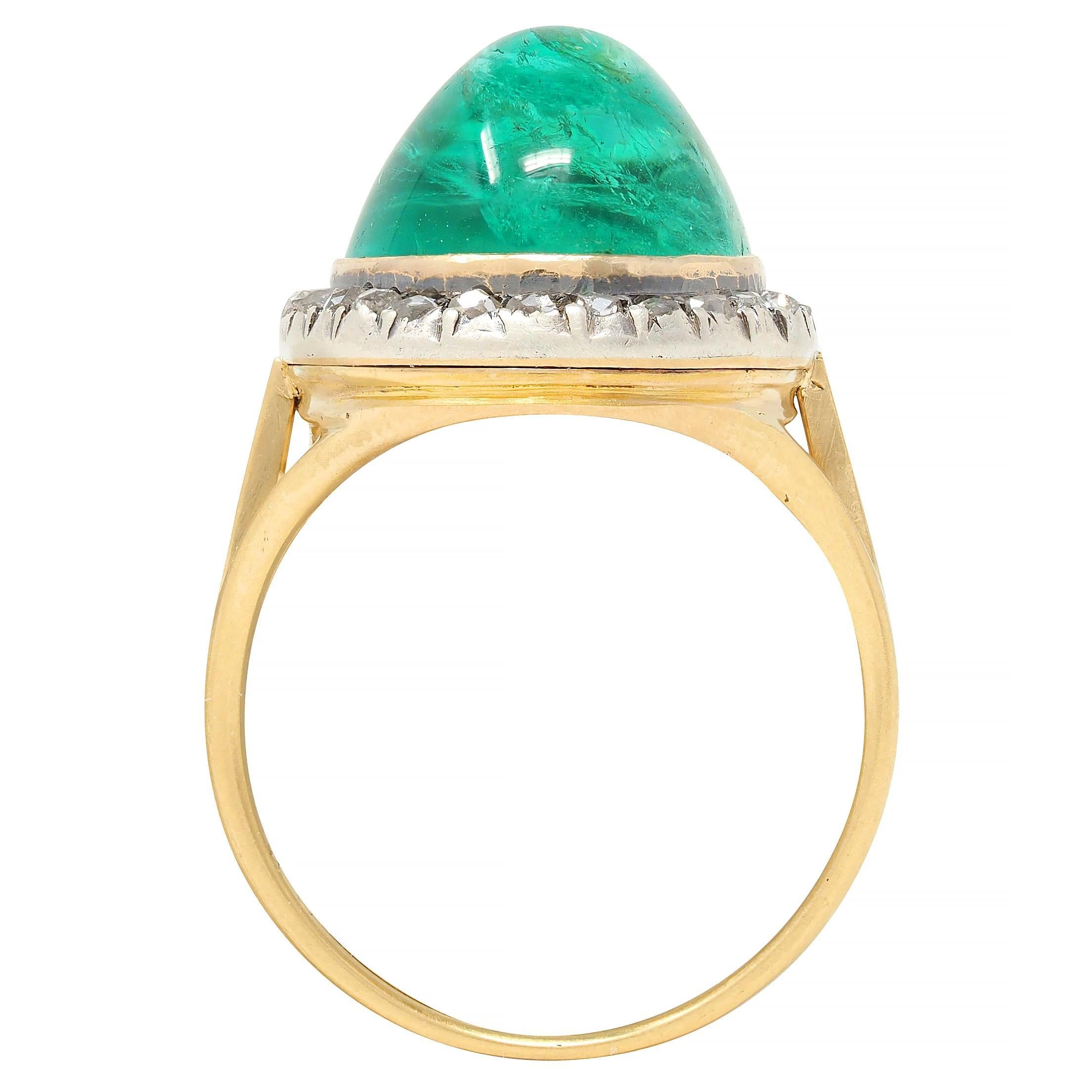 da uomo o donna Smeraldo colombiano vittoriano Cabochon Diamante Argento Oro 18K Anello aureola antico in vendita