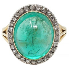 Antiker viktorianischer kolumbianischer Halo-Ring, kolumbianischer Smaragd Cabochon Diamant Silber 18K Gold
