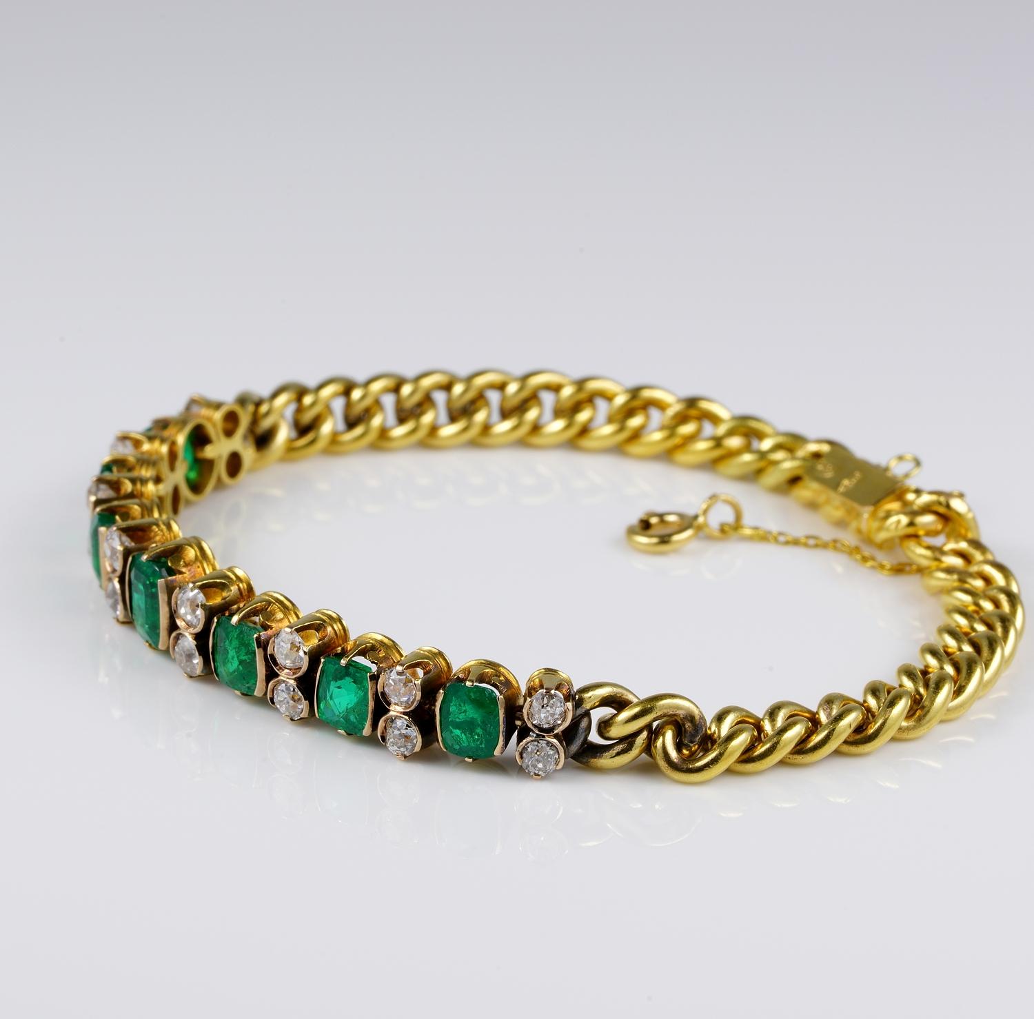 Victorian Treasure!
Absolutely stunning Victorian find, precious and very wearable 18 KT solid gold bracelet

Preciously made by the front array of natural Colombian Emeralds and old mine cut Diamonds connected by a rare Victorian solid gold curb