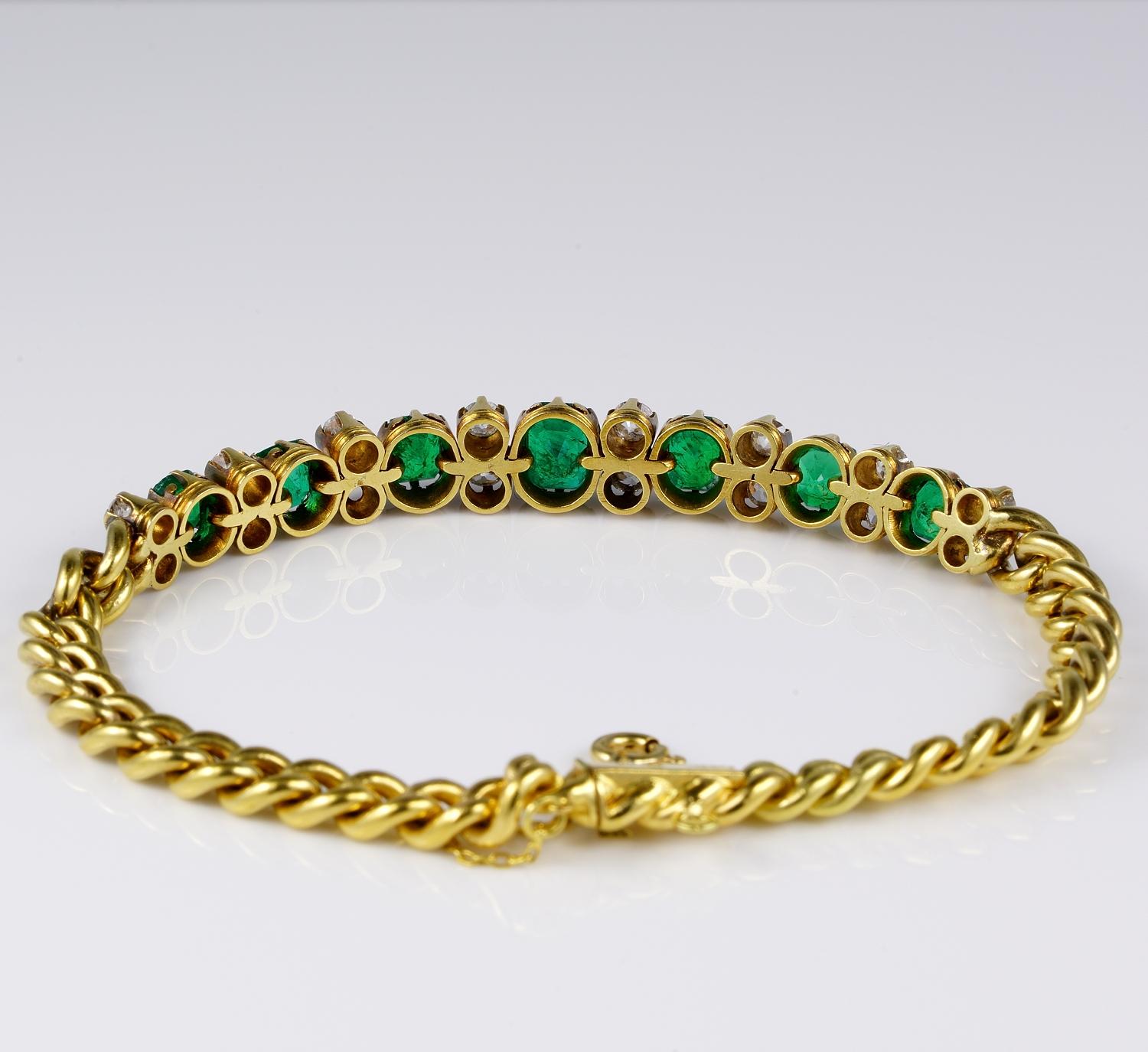 Oval Cut Victorian Colombian Emerald Diamond Curb Bracelet For Sale