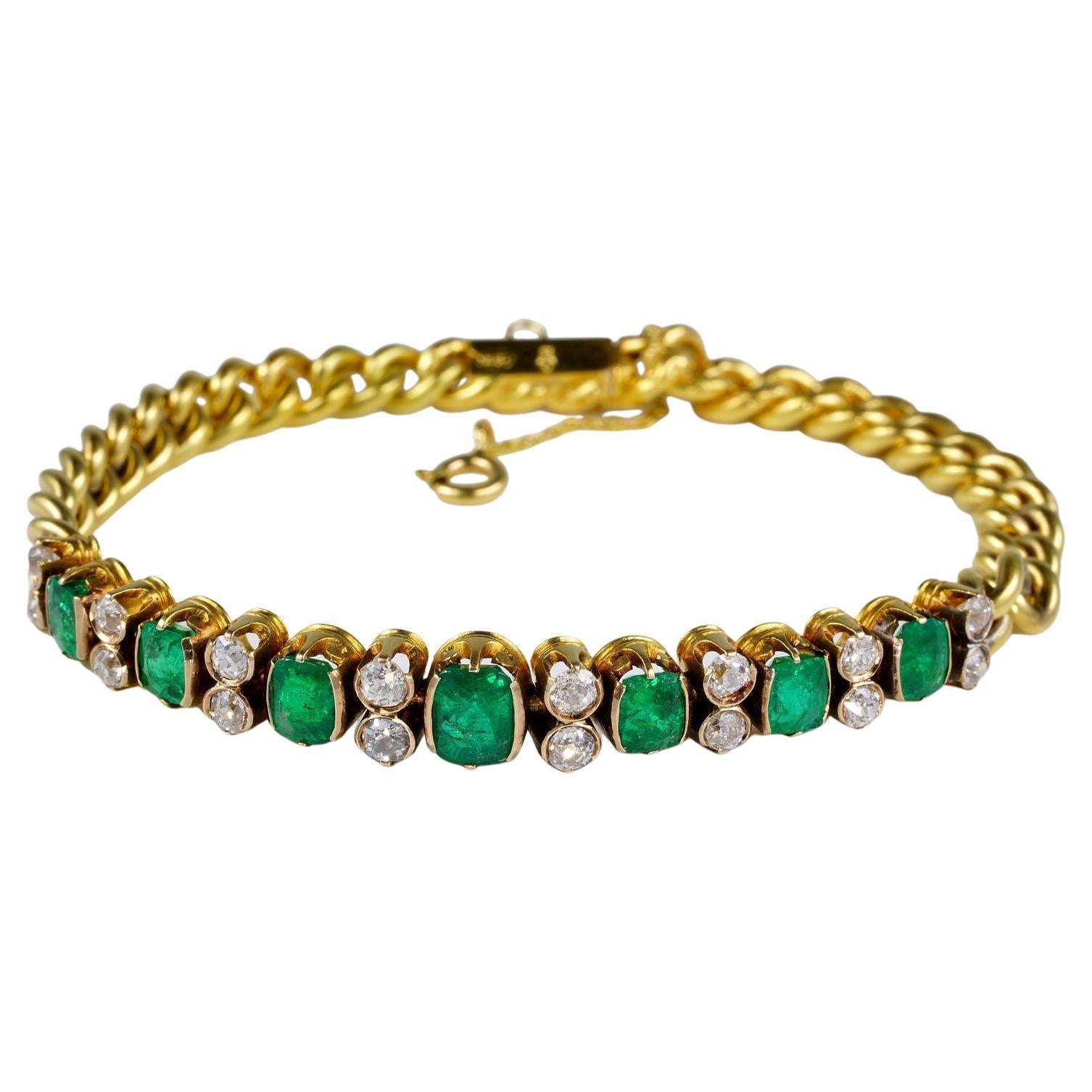 Victorian Colombian Emerald Diamond Curb Bracelet For Sale