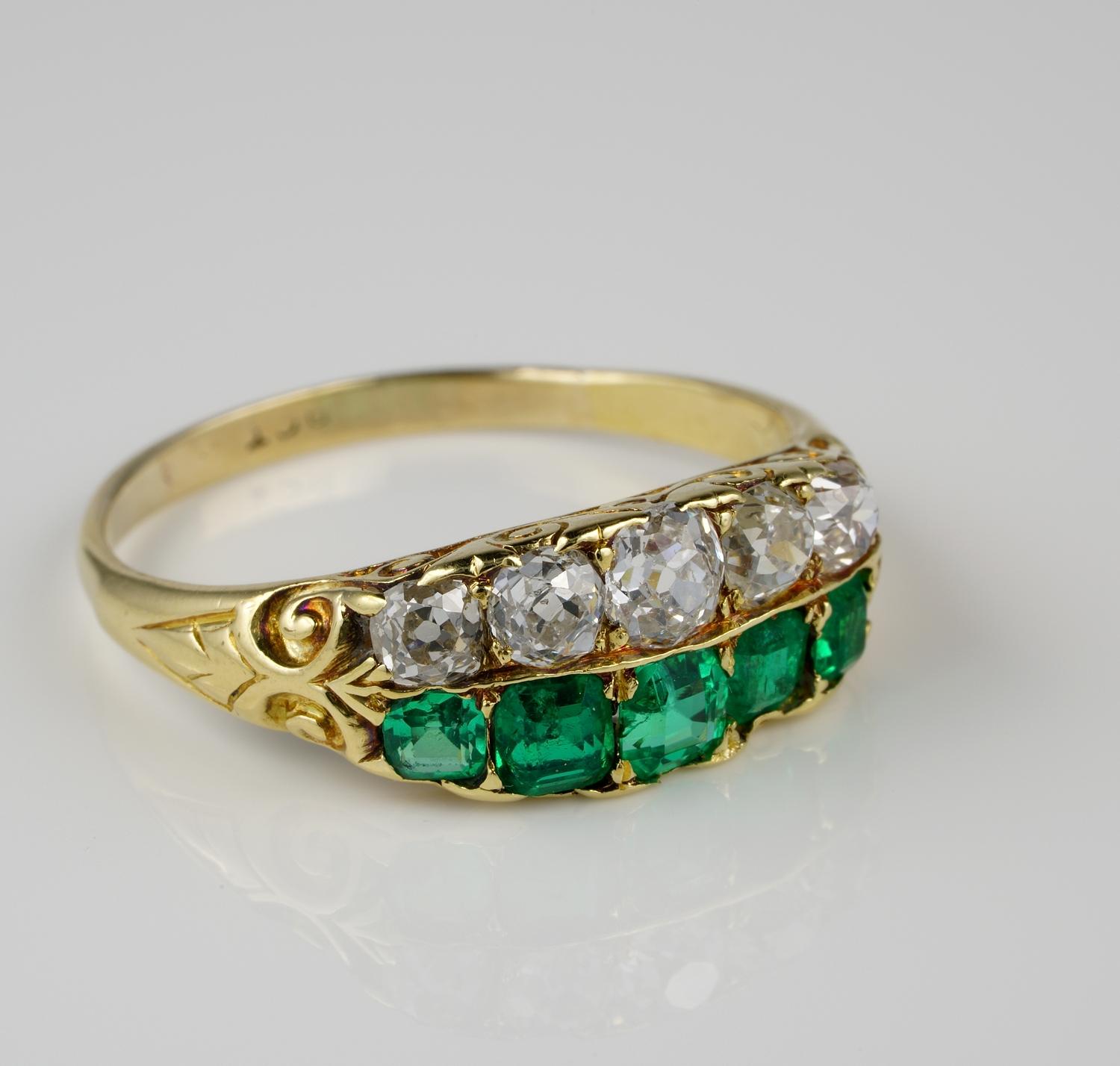 Women's or Men's Victorian Colombian Emerald Diamond Five Stone Ring For Sale