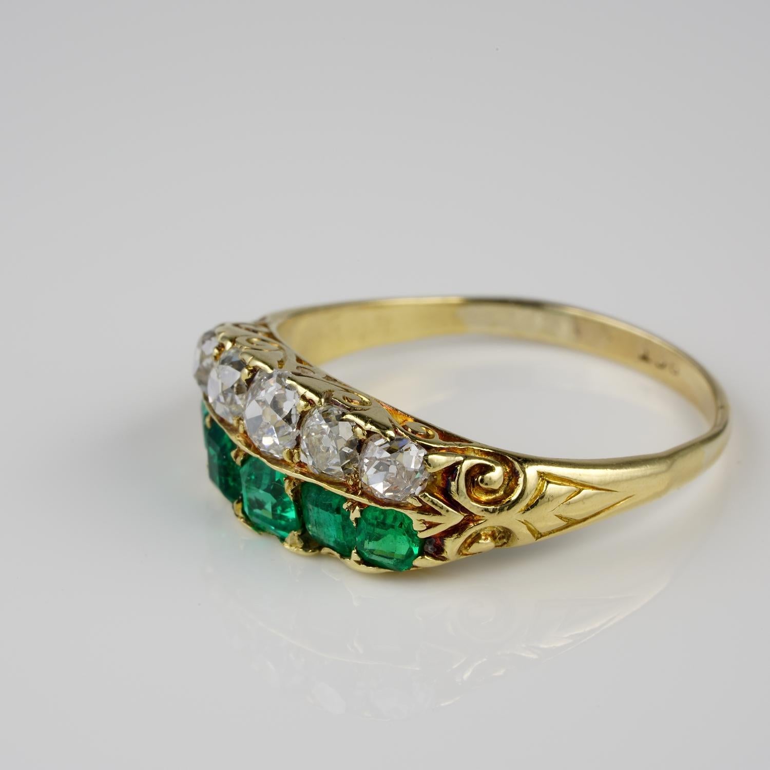 Victorian Colombian Emerald Diamond Five Stone Ring For Sale 1
