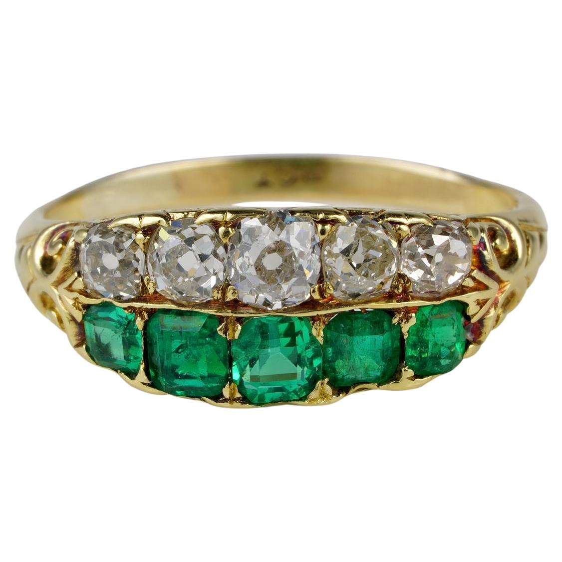Victorian Colombian Emerald Diamond Five Stone Ring