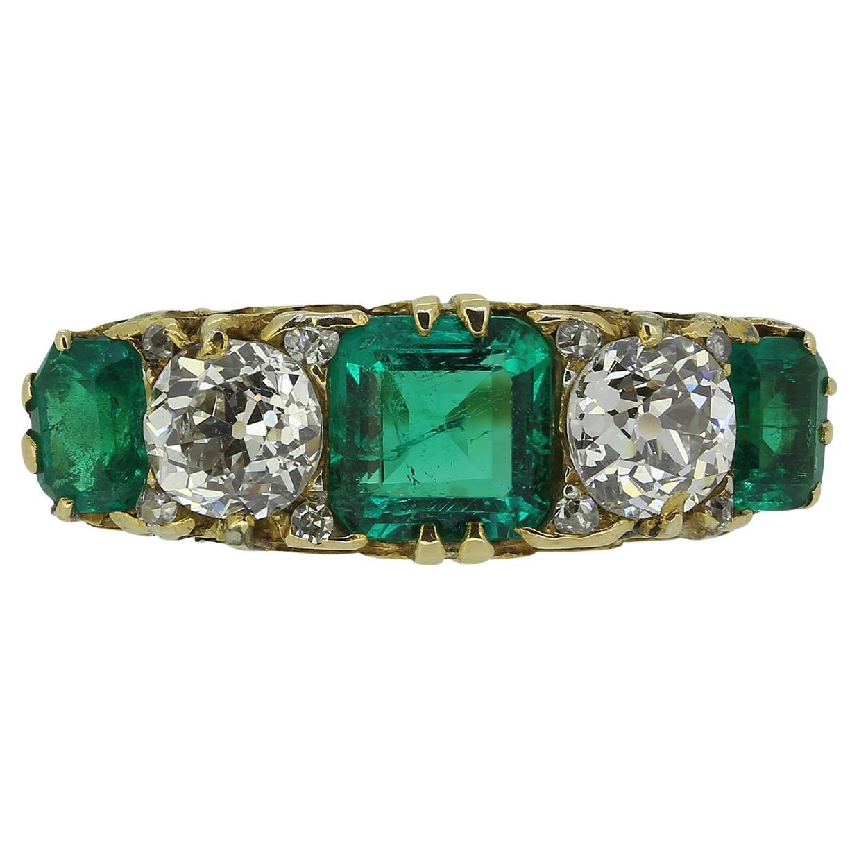 Victorian Colombian Emerald Diamond Five Stone Ring For Sale