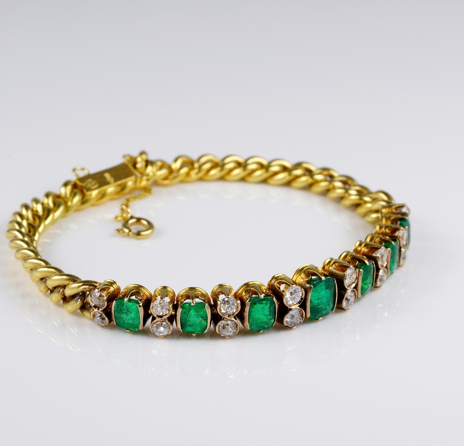 Victorian Treasure!

Absolutely stunning Victorian find, precious and very wearable 18 KT solid gold bracelet
Preciously made by the front array of natural Colombian Emeralds and old mine cut Diamonds connected by a rare Victorian solid gold curb