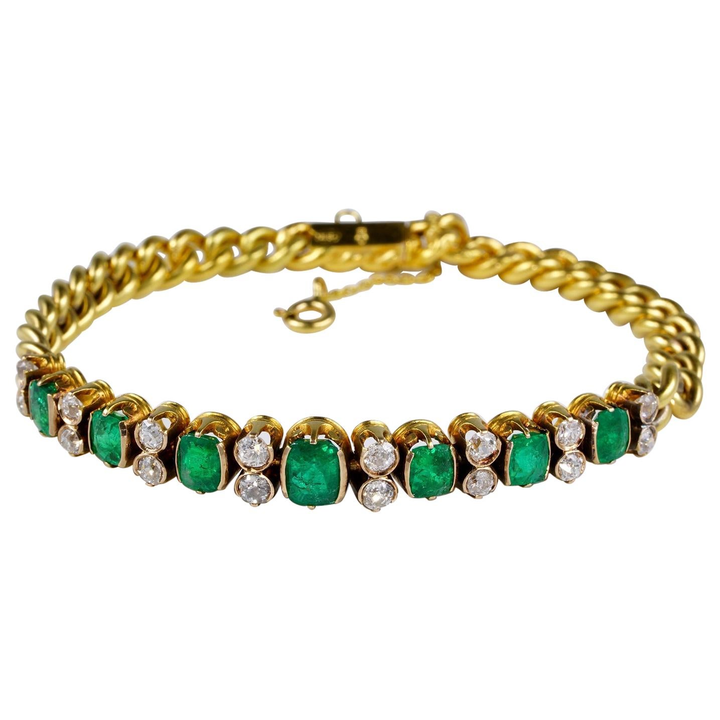 Victorian Colombian Emerald Diamond Rare Curb Bracelet For Sale
