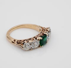 Victorian Colombian Emerald Diamond Rare Five-Stone Ring