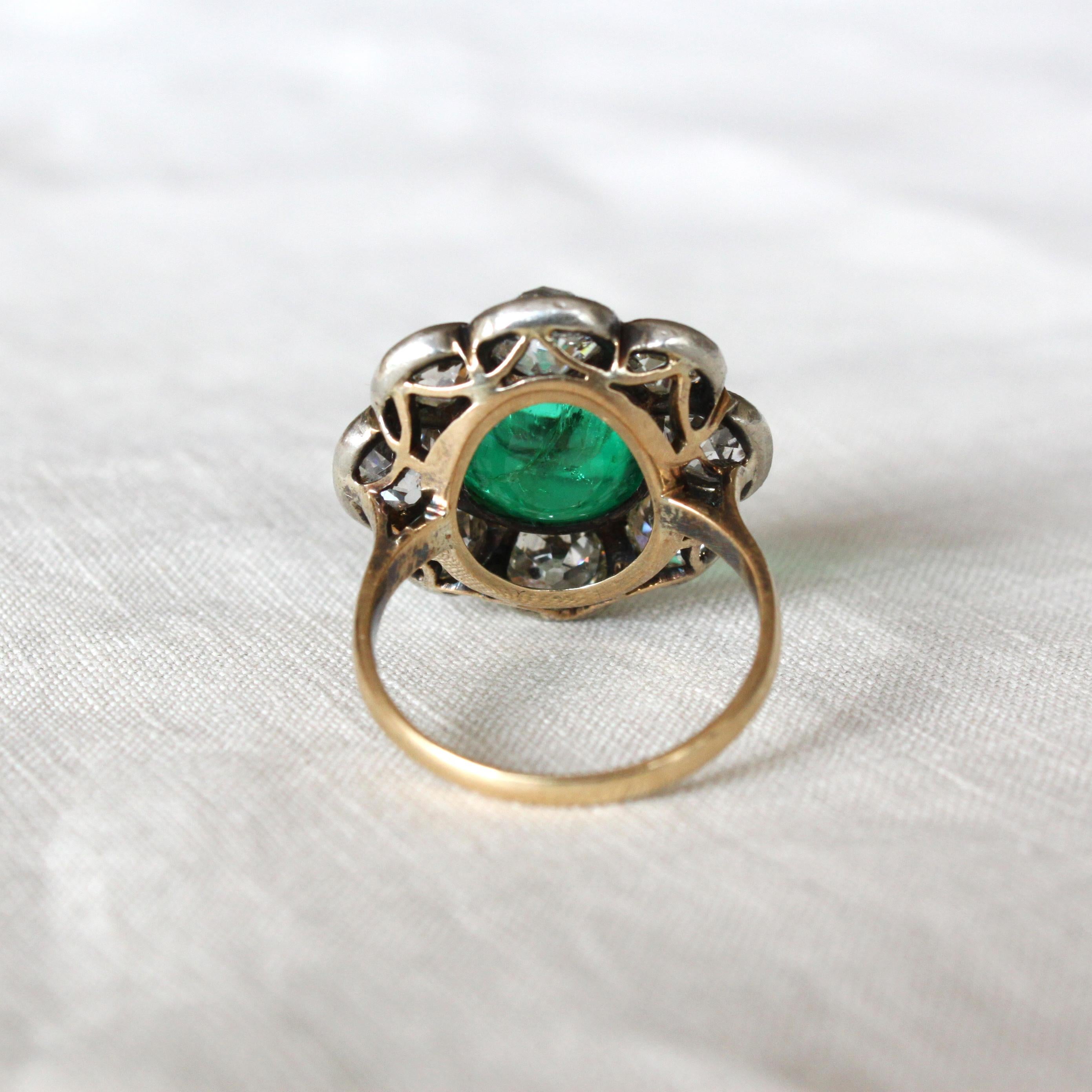 Victorian Colombian High Cabochon Emerald Diamond Flower Petal Ring, circa 1880s 5