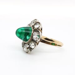 Victorian Colombian High Cabochon Emerald Diamond Flower Petal Ring, circa 1880s
