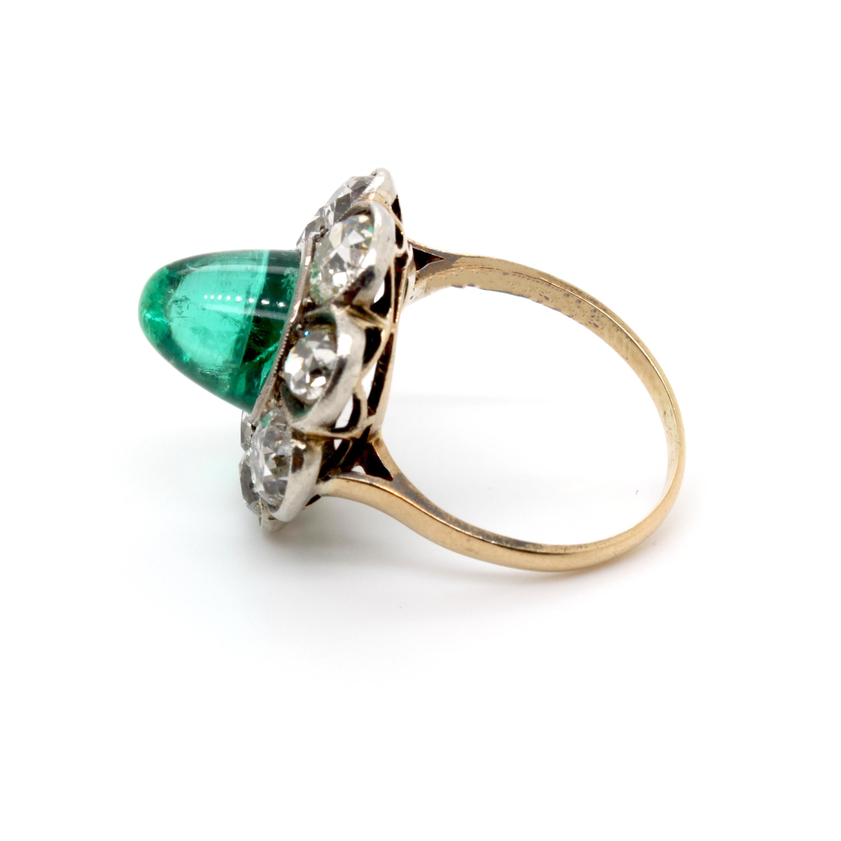 Women's Victorian Colombian High Cabochon Emerald Diamond Flower Petal Ring, circa 1880s