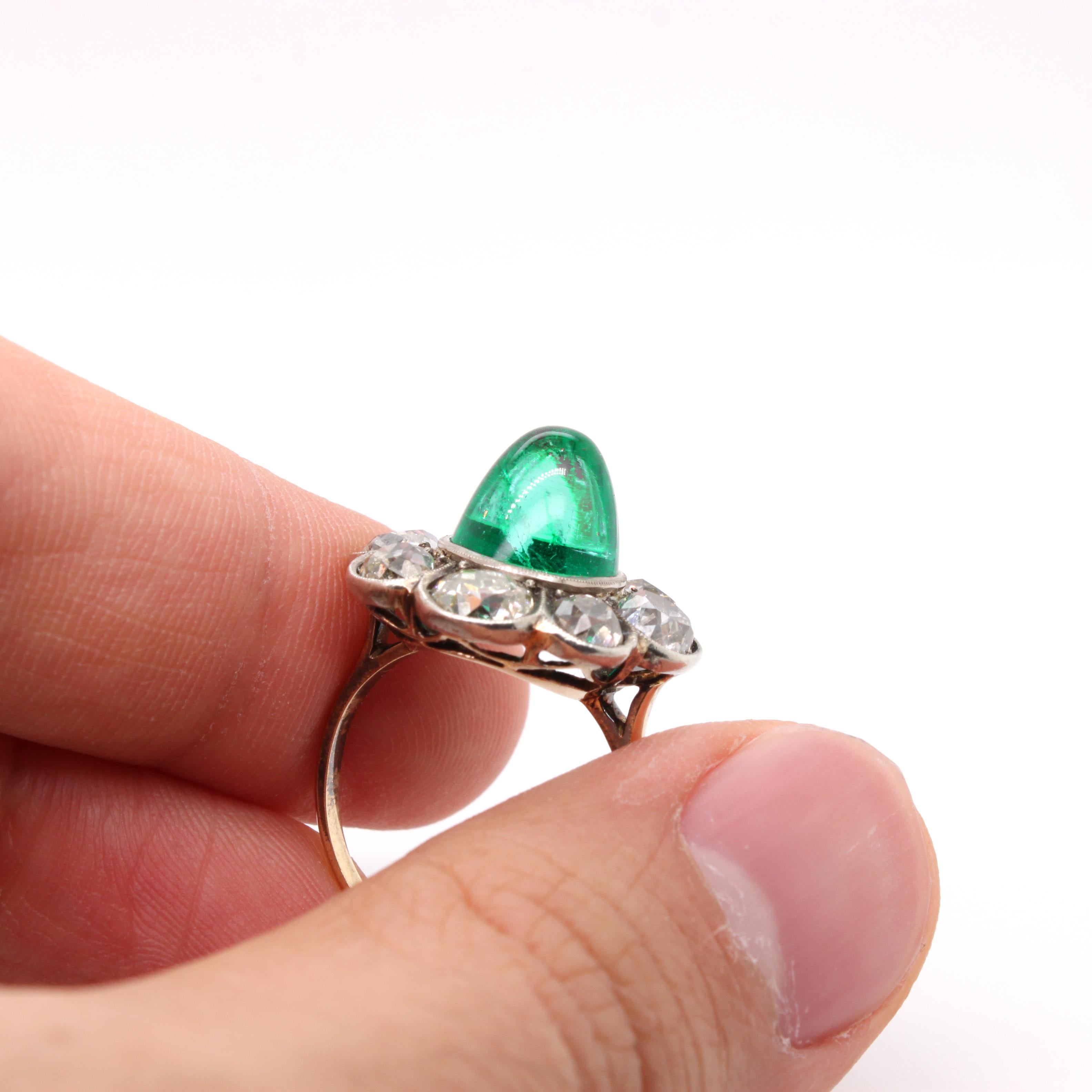 Victorian Colombian High Cabochon Emerald Diamond Flower Petal Ring, circa 1880s 1