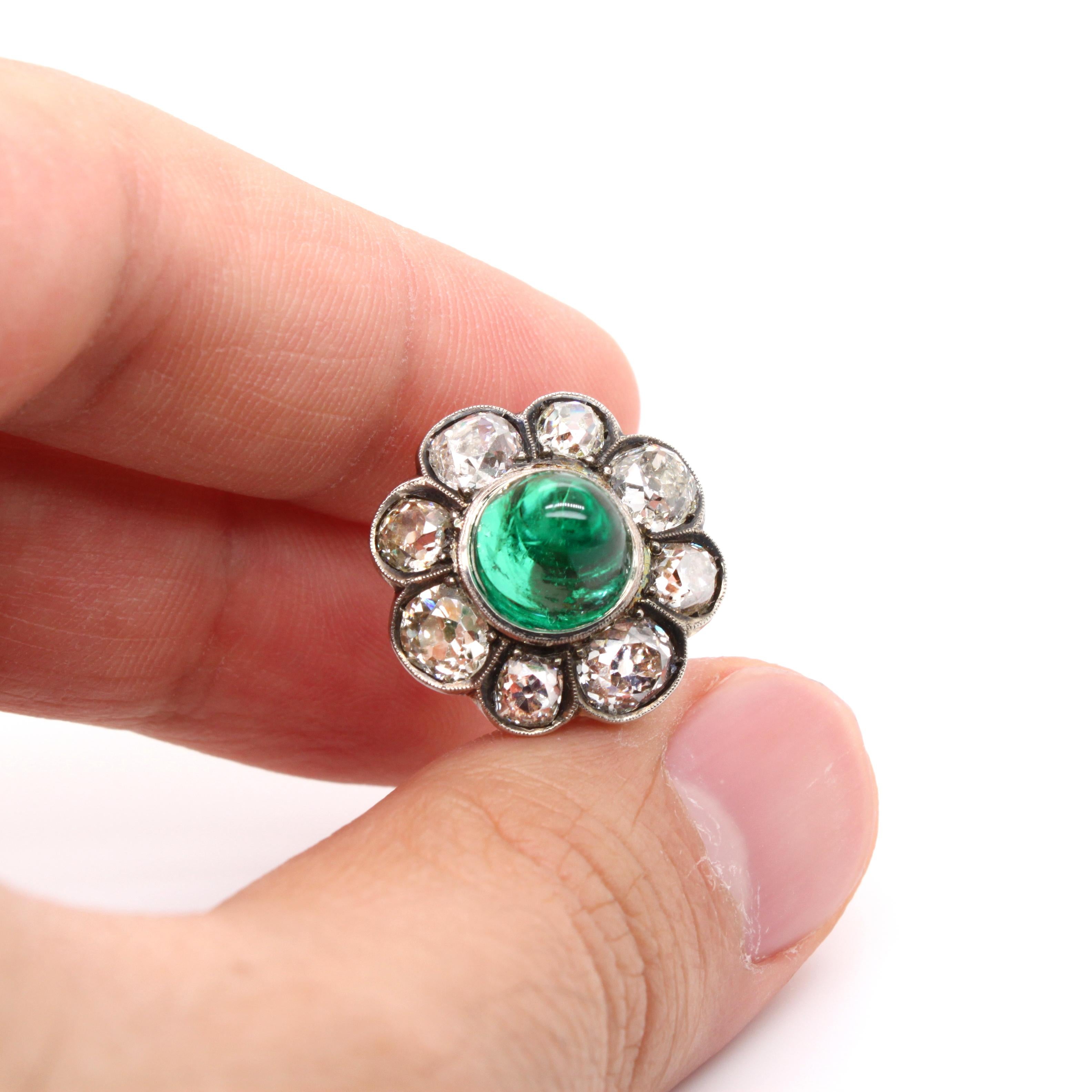 Victorian Colombian High Cabochon Emerald Diamond Flower Petal Ring, circa 1880s 2