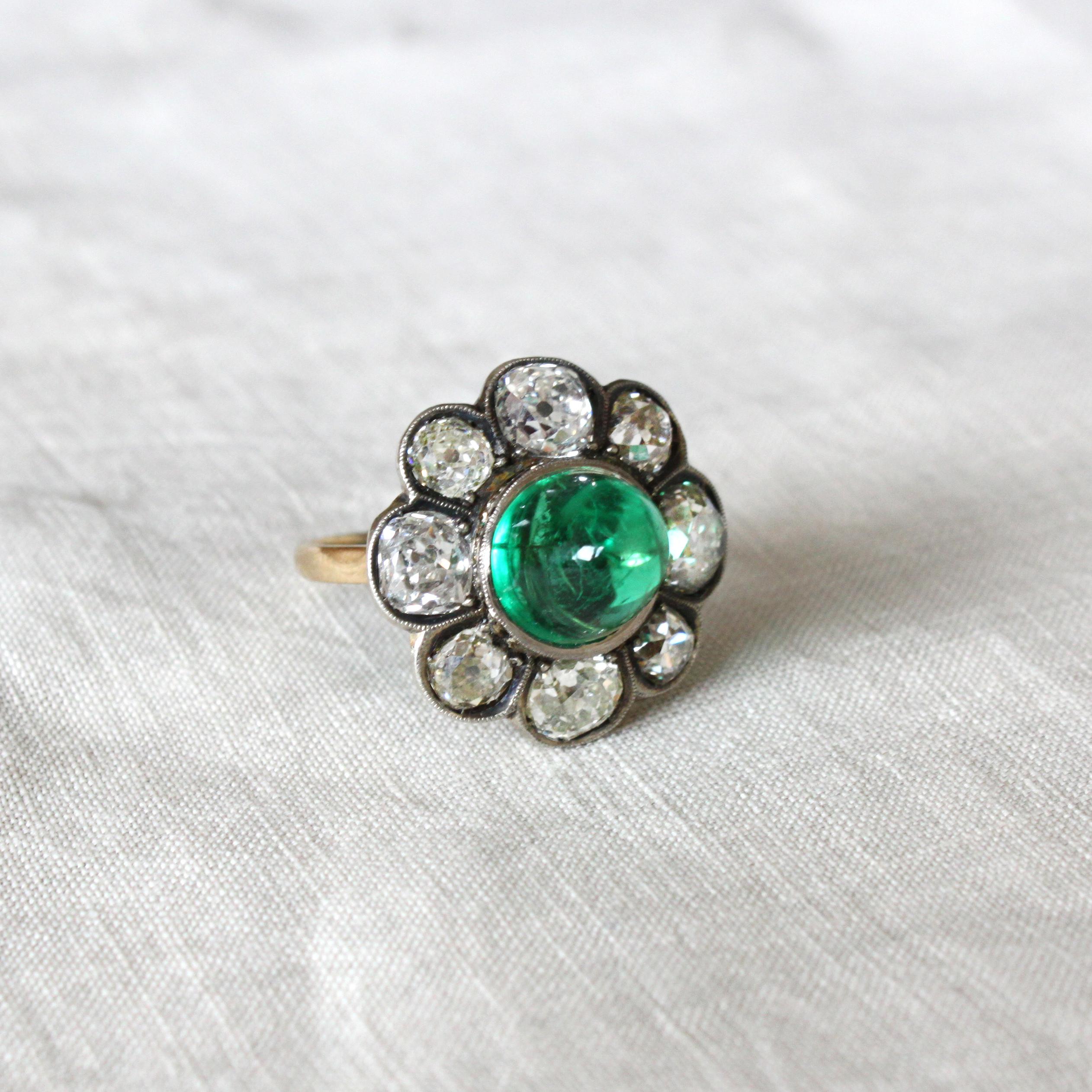 Victorian Colombian High Cabochon Emerald Diamond Flower Petal Ring, circa 1880s 3